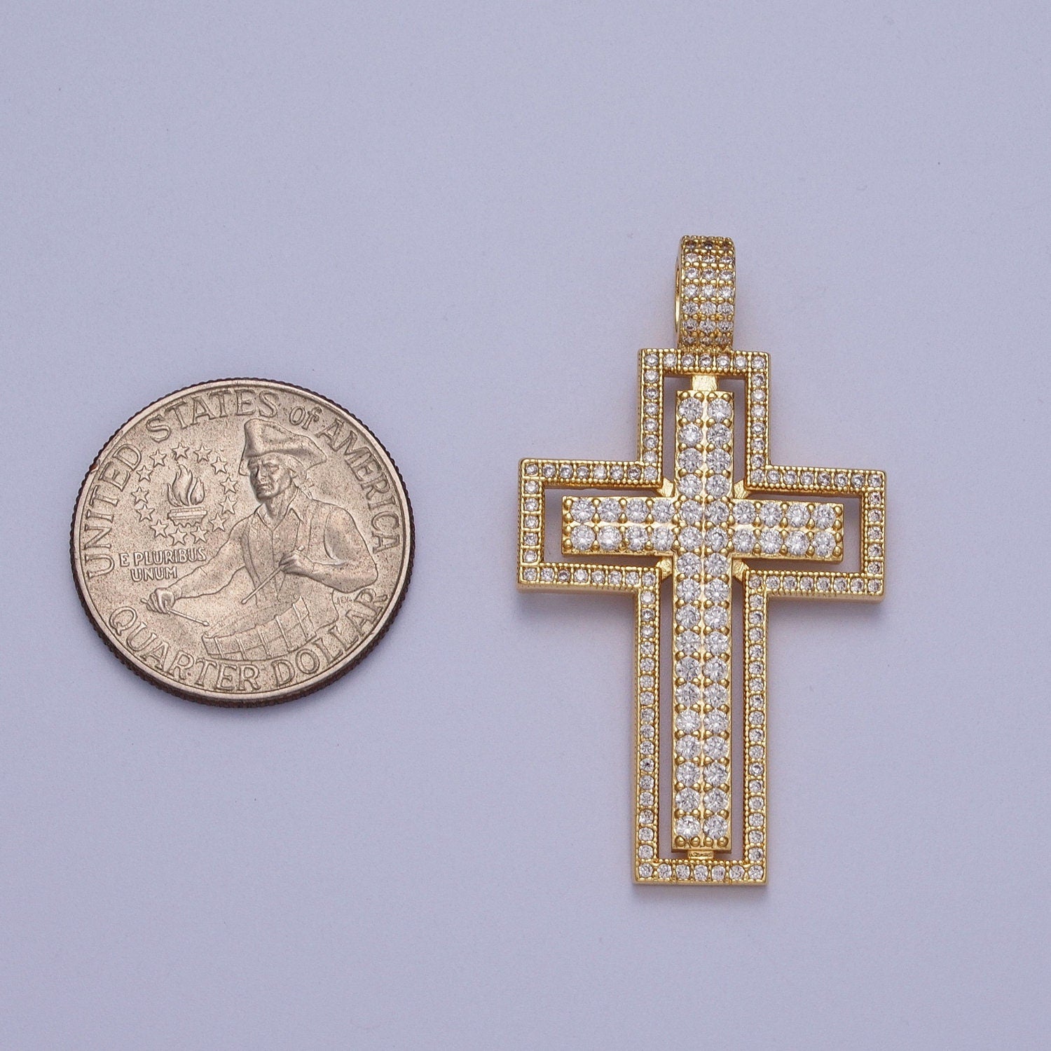 Bold Gold CZ Double Cross Pendant, 16K Gold Filled Chunky Clear Micro Paved CZ Religious Outlined Cross Charm | X-687