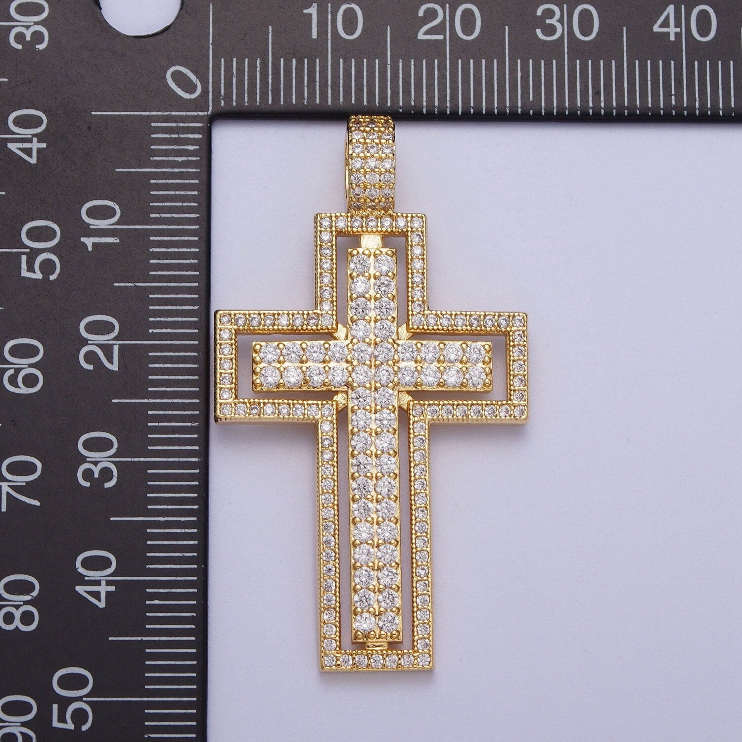 Bold Gold CZ Double Cross Pendant, 16K Gold Filled Chunky Clear Micro Paved CZ Religious Outlined Cross Charm | X-687
