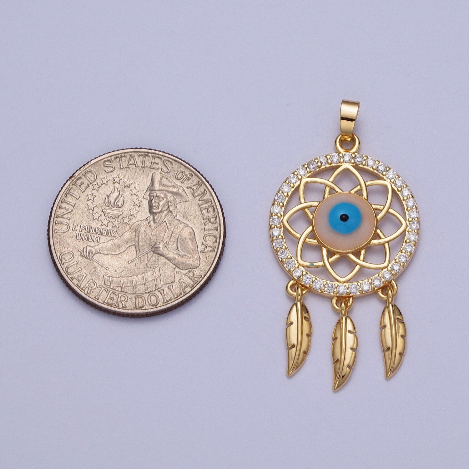 Gold Evil Eye Dream Catcher Pendant, 16K Gold Filled Clear Micro Paved CZ Blue Enamel Eye of Ra Center Dream Catcher Charm | X-688