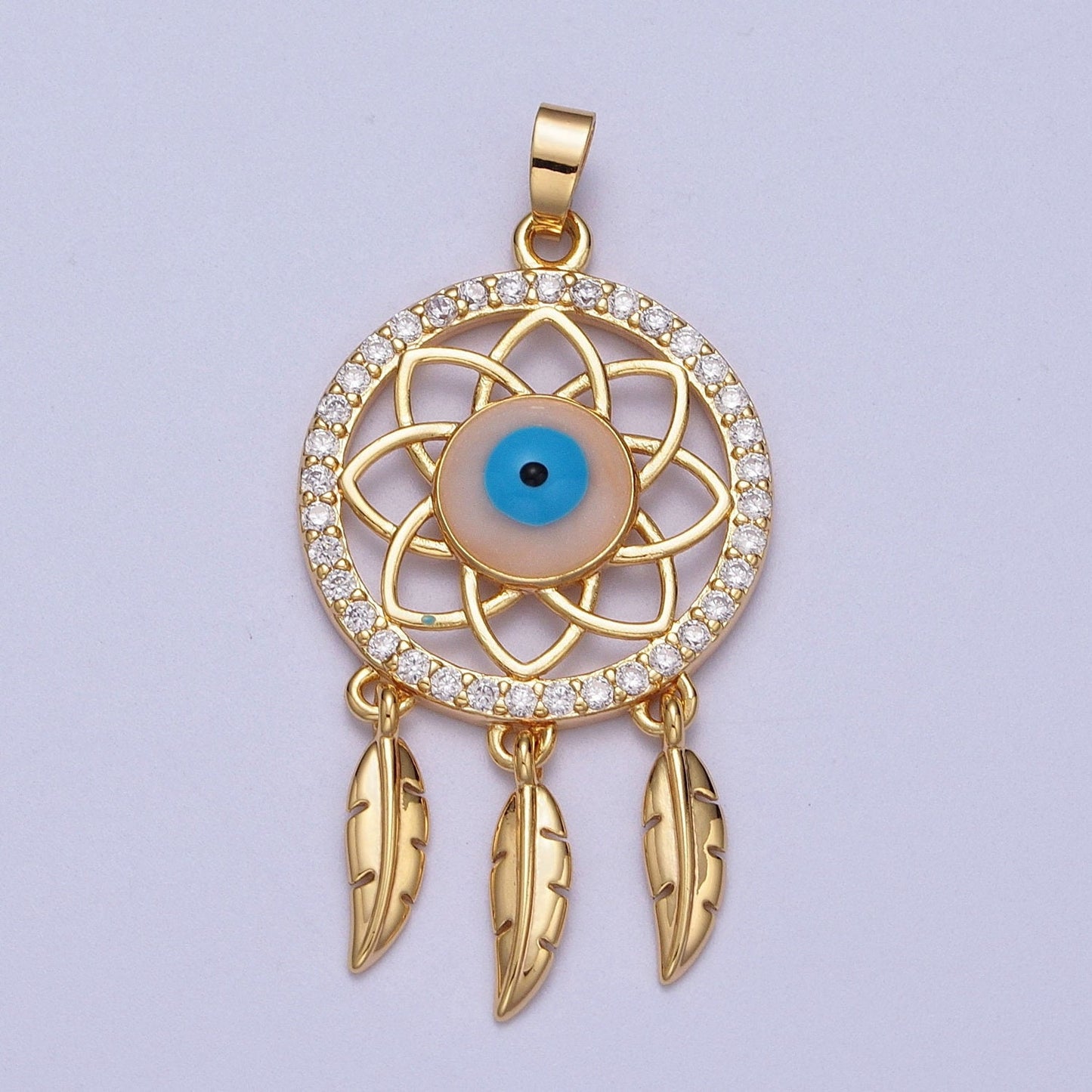 Gold Evil Eye Dream Catcher Pendant, 16K Gold Filled Clear Micro Paved CZ Blue Enamel Eye of Ra Center Dream Catcher Charm | X-688