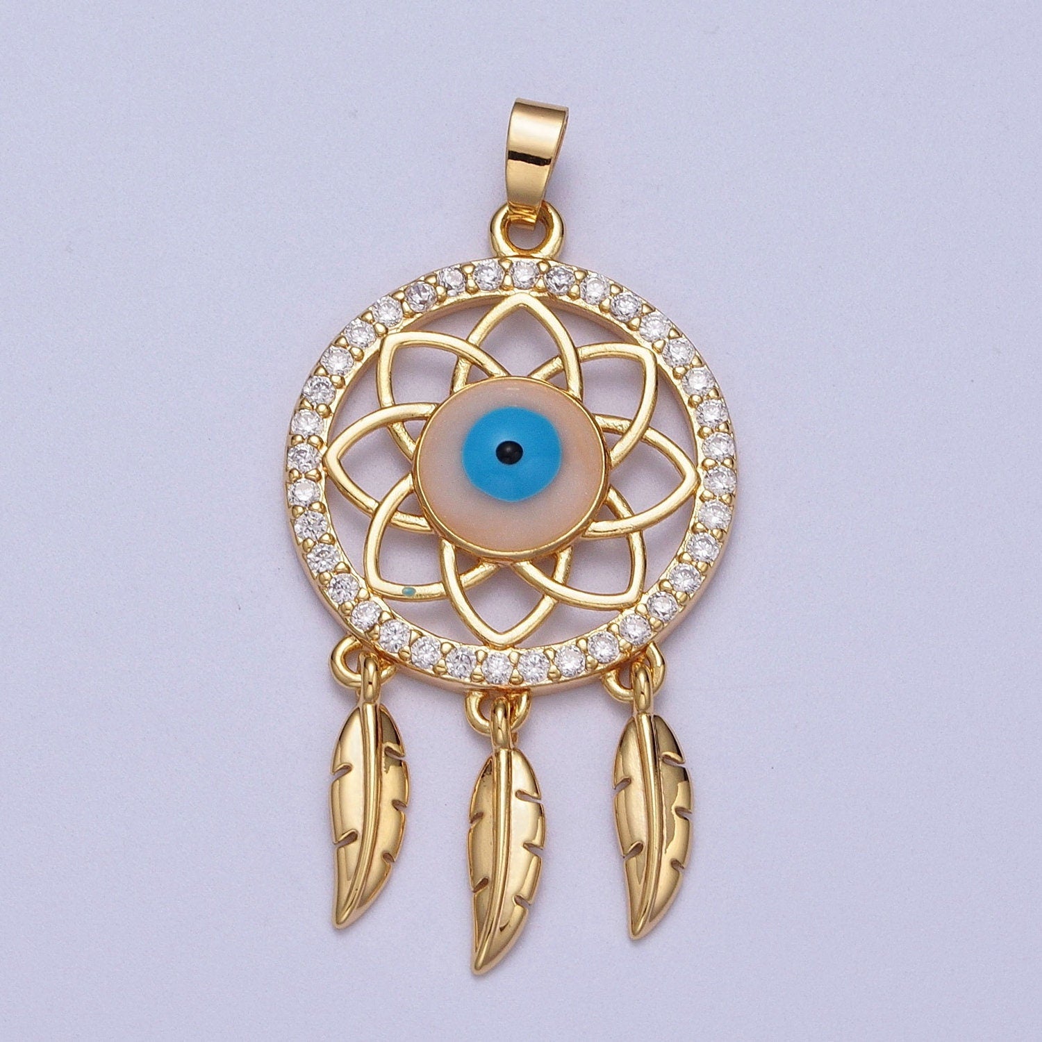Gold Evil Eye Dream Catcher Pendant, 16K Gold Filled Clear Micro Paved CZ Blue Enamel Eye of Ra Center Dream Catcher Charm | X-688