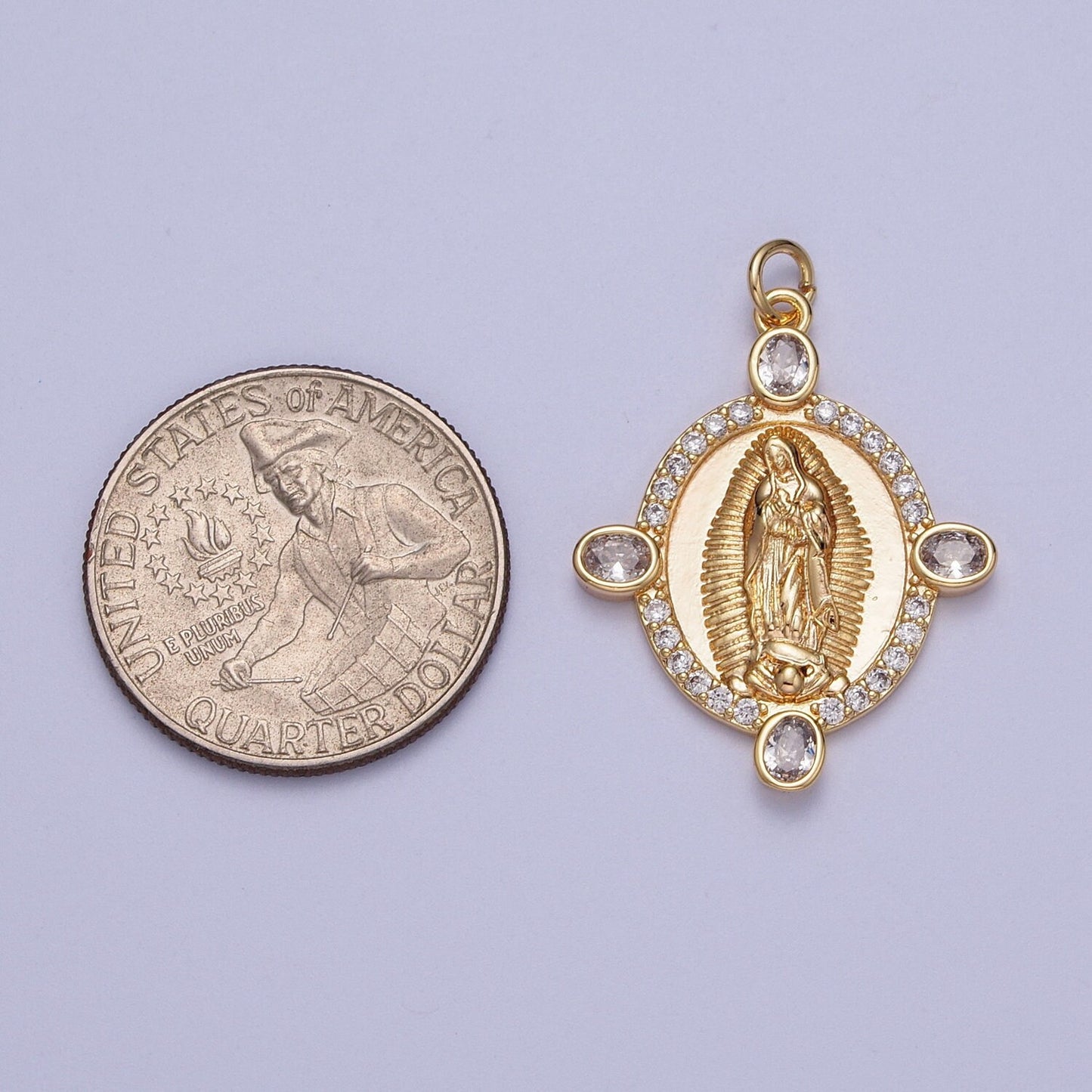 Gold CZ Oval Virgin Mary Pendant, 24K Gold Plated Clear Micro Paved CZ Our Lady of Guadalupe Religious Rosary Round Charm | X-779