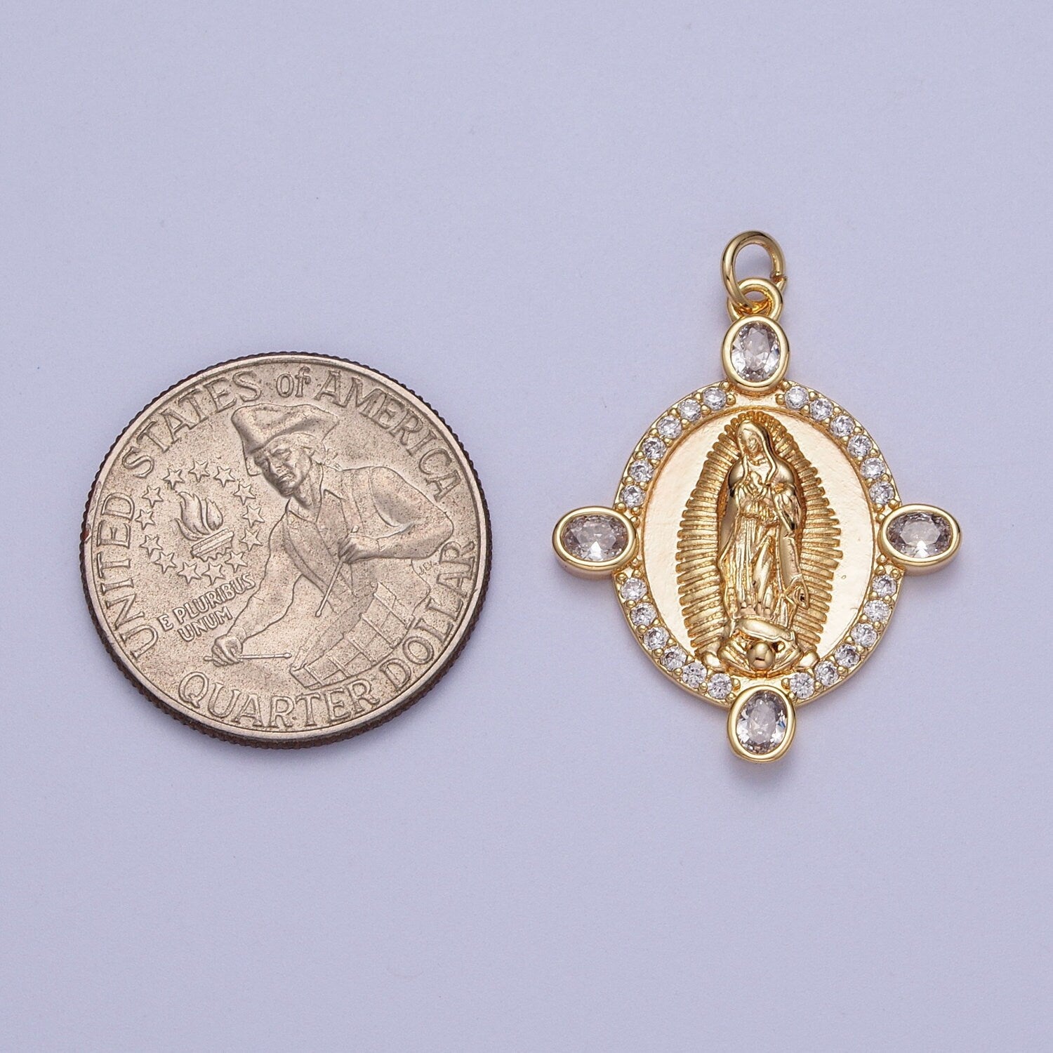 Gold CZ Oval Virgin Mary Pendant, 24K Gold Plated Clear Micro Paved CZ Our Lady of Guadalupe Religious Rosary Round Charm | X-779
