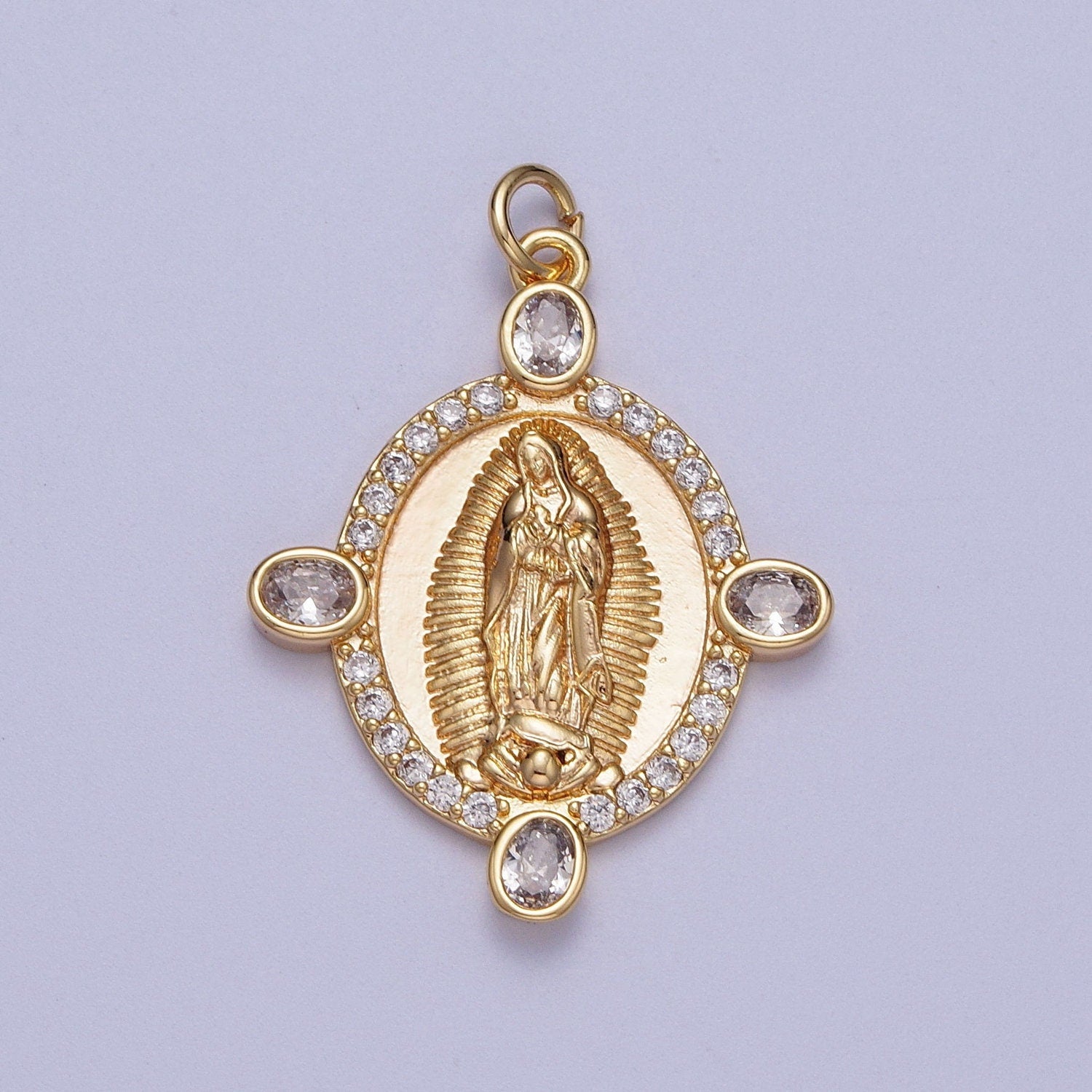 Gold CZ Oval Virgin Mary Pendant, 24K Gold Plated Clear Micro Paved CZ Our Lady of Guadalupe Religious Rosary Round Charm | X-779