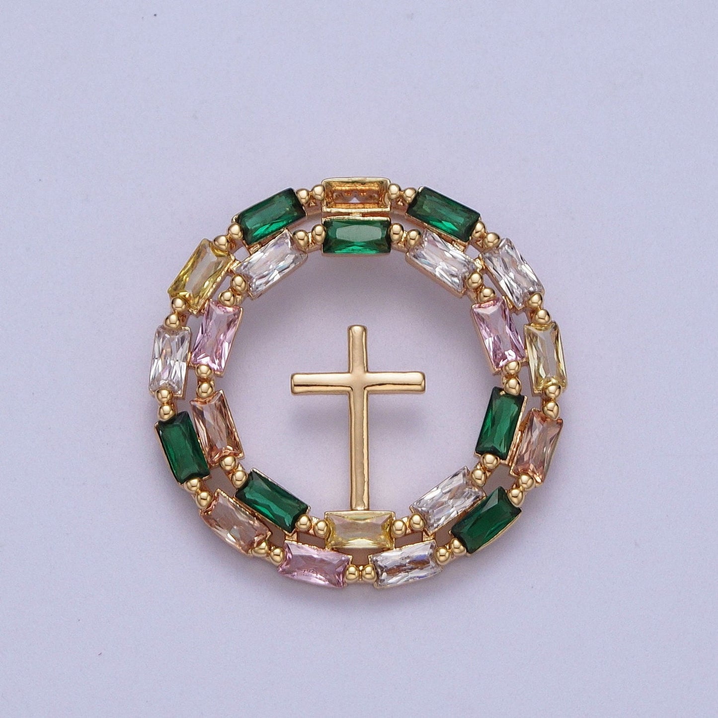 Gold CZ Tiny Cross Center Round Pendant, 16K Gold Filled Micro Paved Colorful Rectangular CZ Religious Beaded Cross Circle Charm | X-689
