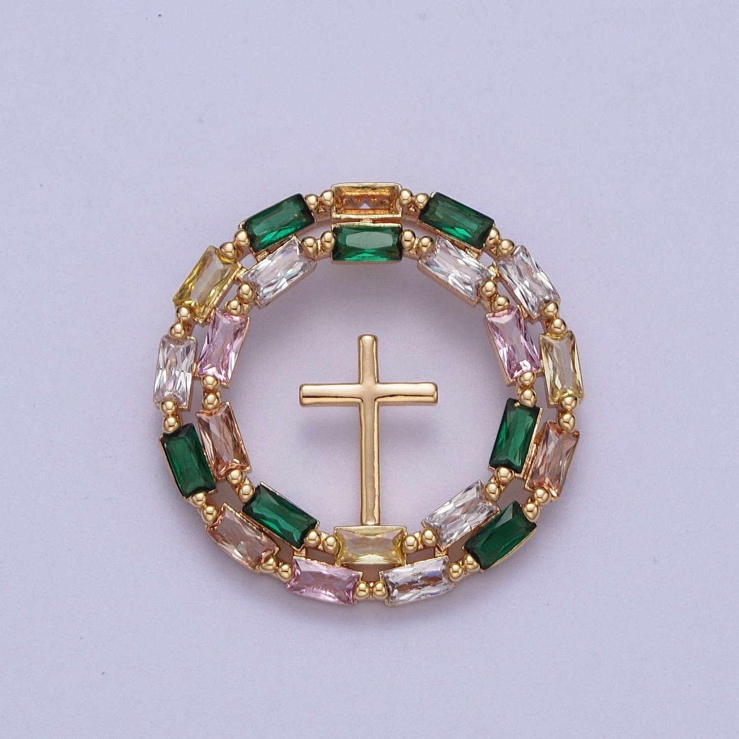 Gold CZ Tiny Cross Center Round Pendant, 16K Gold Filled Micro Paved Colorful Rectangular CZ Religious Beaded Cross Circle Charm | X-689