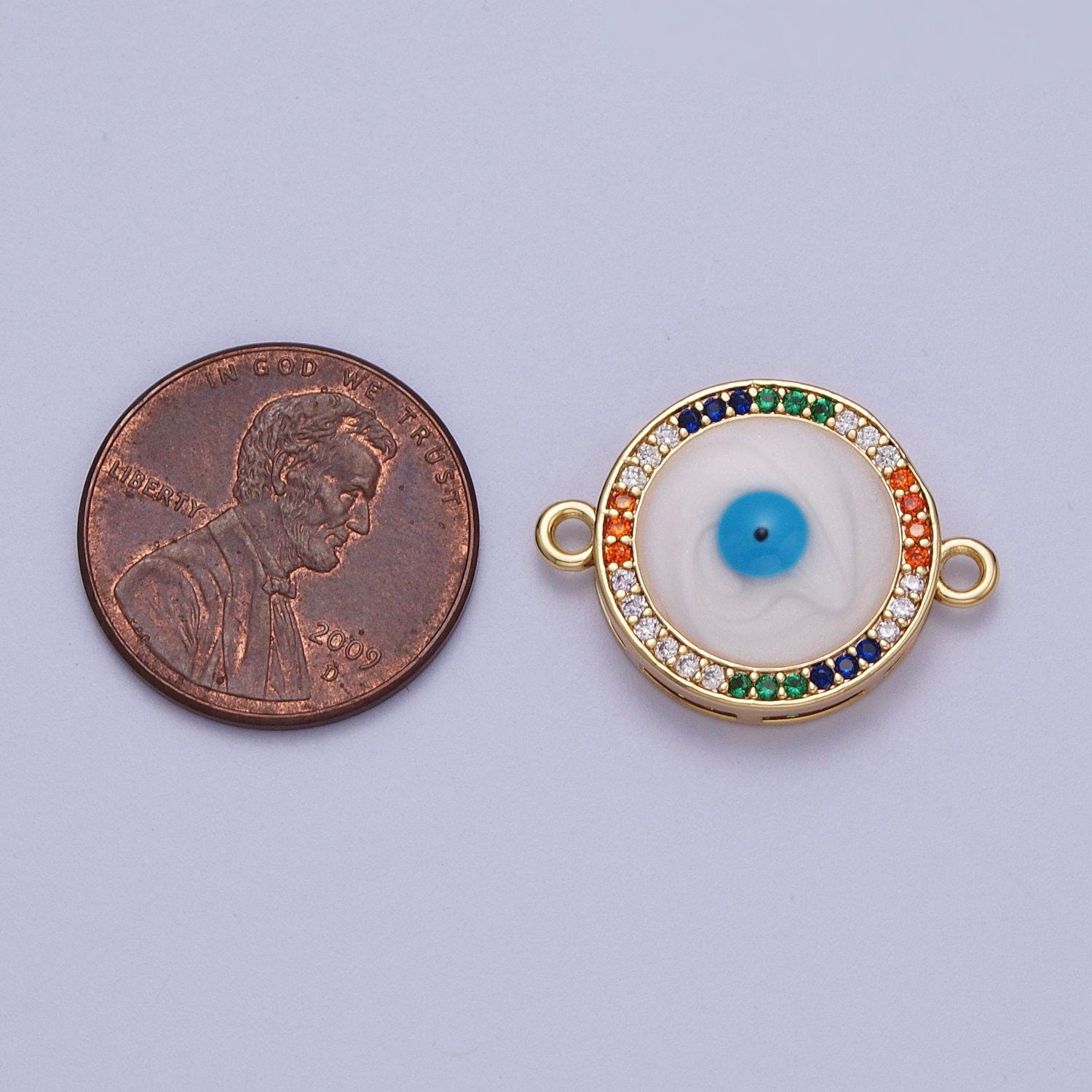 Gold CZ Round Evil Eye Charm Connector, 16K Gold Filled Colorful Micro Paved CZ White Blue Enamel Eye of Ra Link Connector | F-158