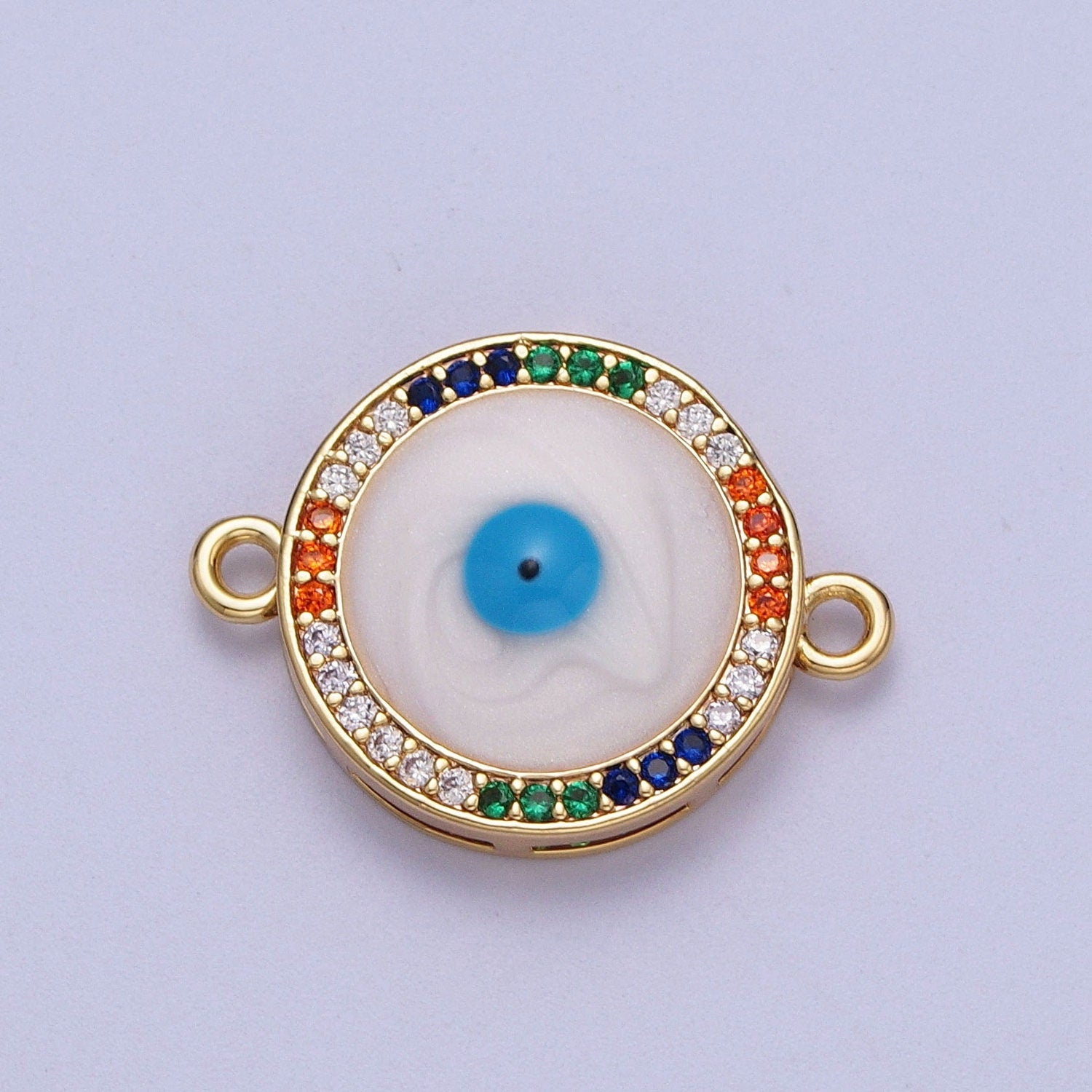 Gold CZ Round Evil Eye Charm Connector, 16K Gold Filled Colorful Micro Paved CZ White Blue Enamel Eye of Ra Link Connector | F-158
