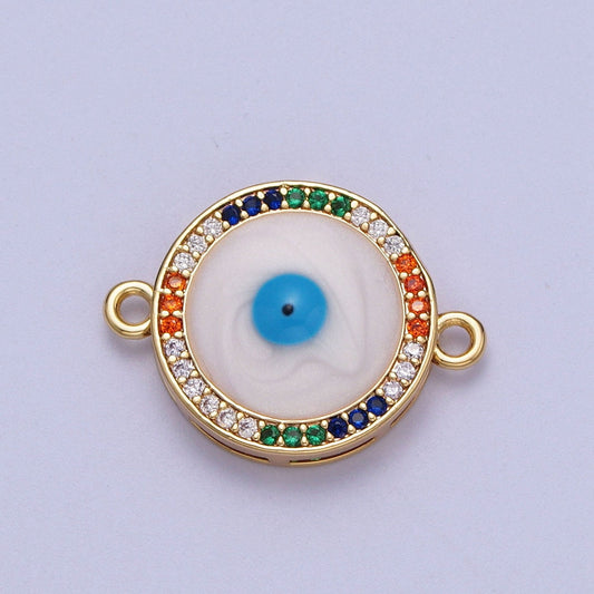 Gold CZ Round Evil Eye Charm Connector, 16K Gold Filled Colorful Micro Paved CZ White Blue Enamel Eye of Ra Link Connector | F-158
