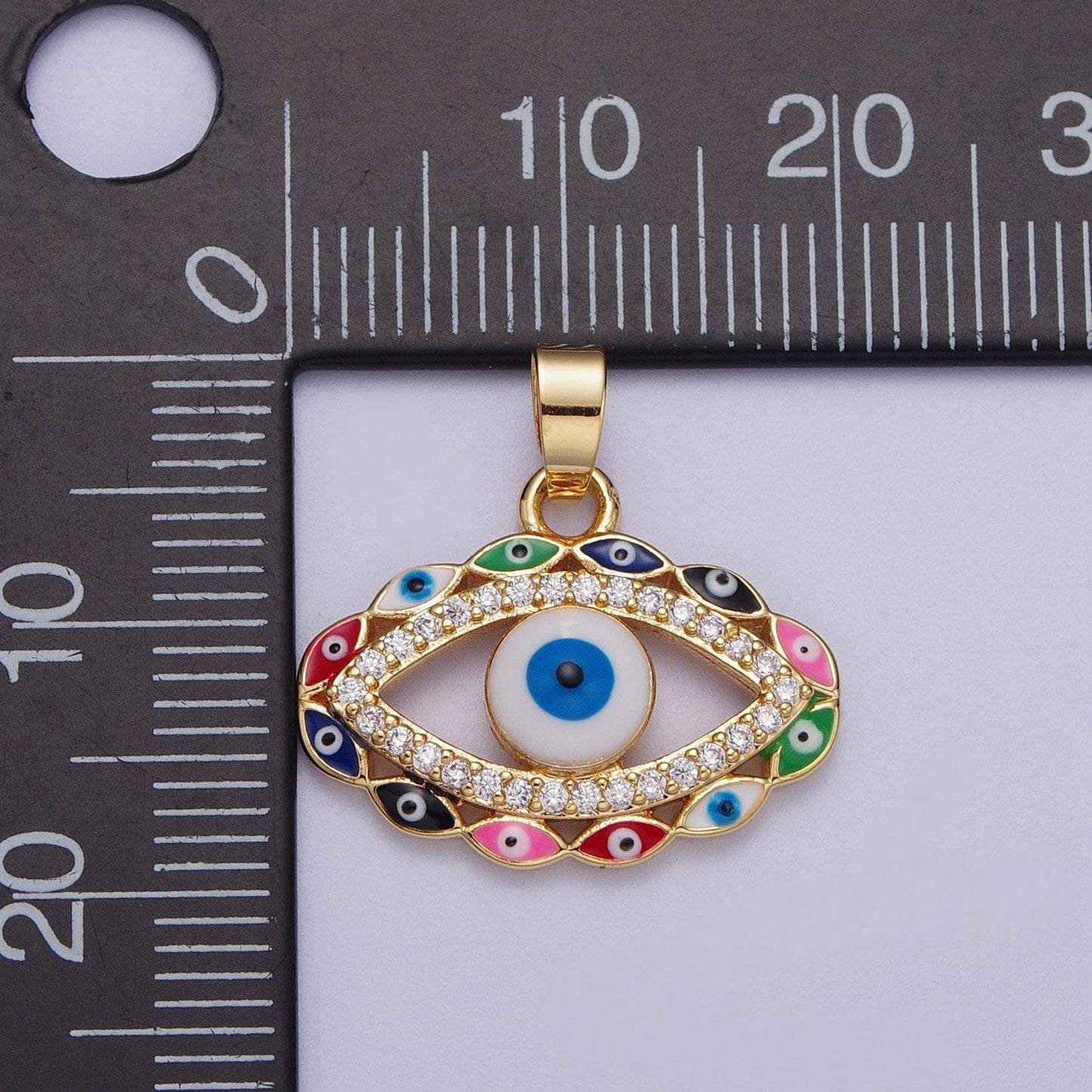 Colorful Gold Base Evil Eye Pendant, 16K Gold Filled Multiple Evil Eyes w. Clear Micro Paved CZ Colorful Enamel Eye of Ra Charm | X-690