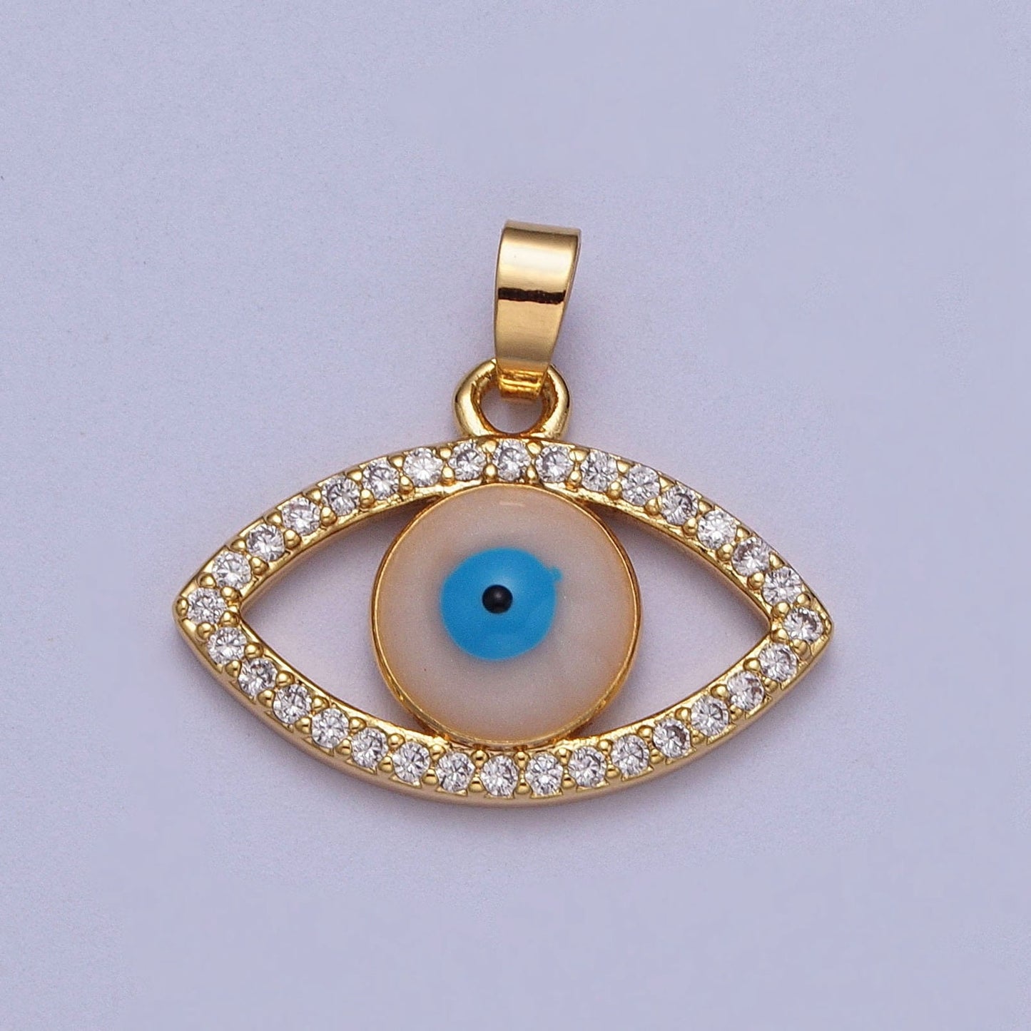 Gold Evil Eye Pendant, 16K Gold Filled Clear Micro Paved CZ Blue/Peach Enamel Eye of Ra Charm | X-691
