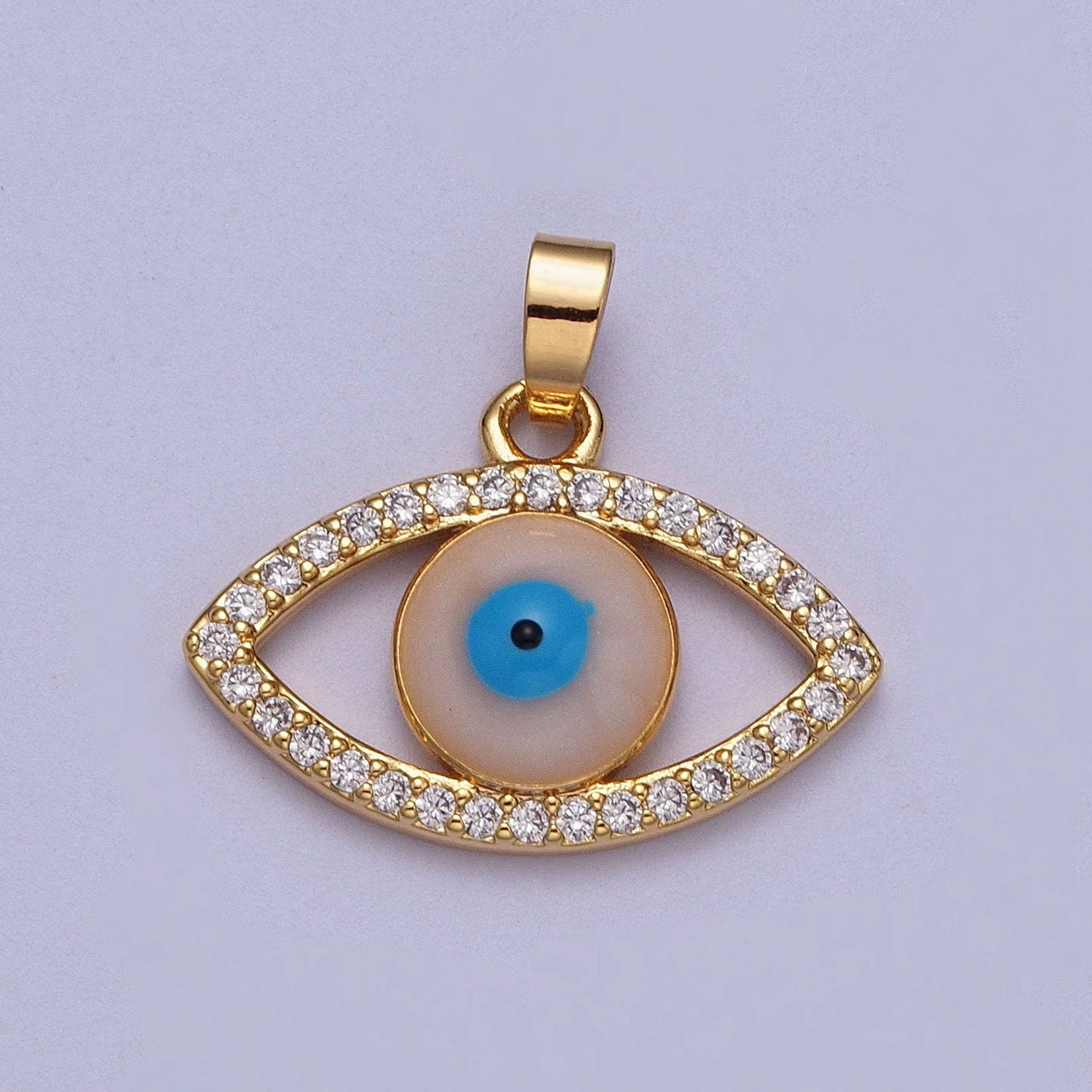 Gold Evil Eye Pendant, 16K Gold Filled Clear Micro Paved CZ Blue/Peach Enamel Eye of Ra Charm | X-691