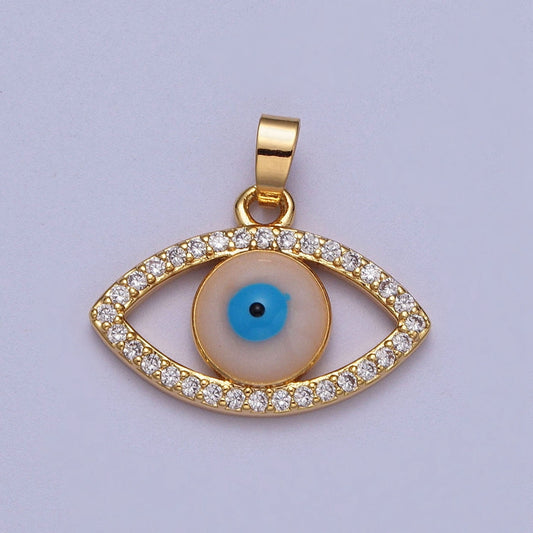 Gold Evil Eye Pendant, 16K Gold Filled Clear Micro Paved CZ Blue/Peach Enamel Eye of Ra Charm | X-691