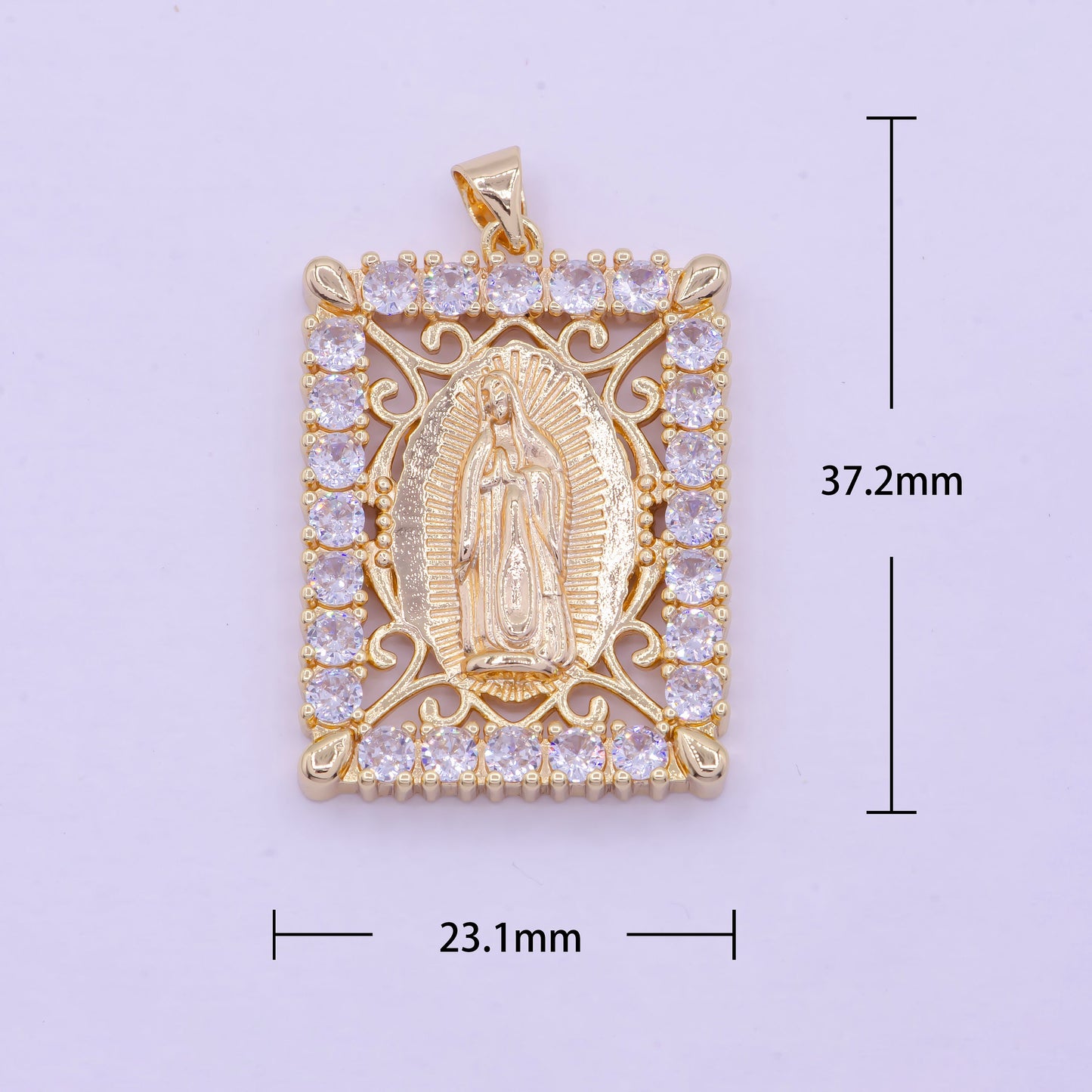 Gold CZ Virgin Mary Rectangular Pendant, 16K Gold Filled Clear Micro Paved CZ Our Lady of Guadalupe Charm | X-461