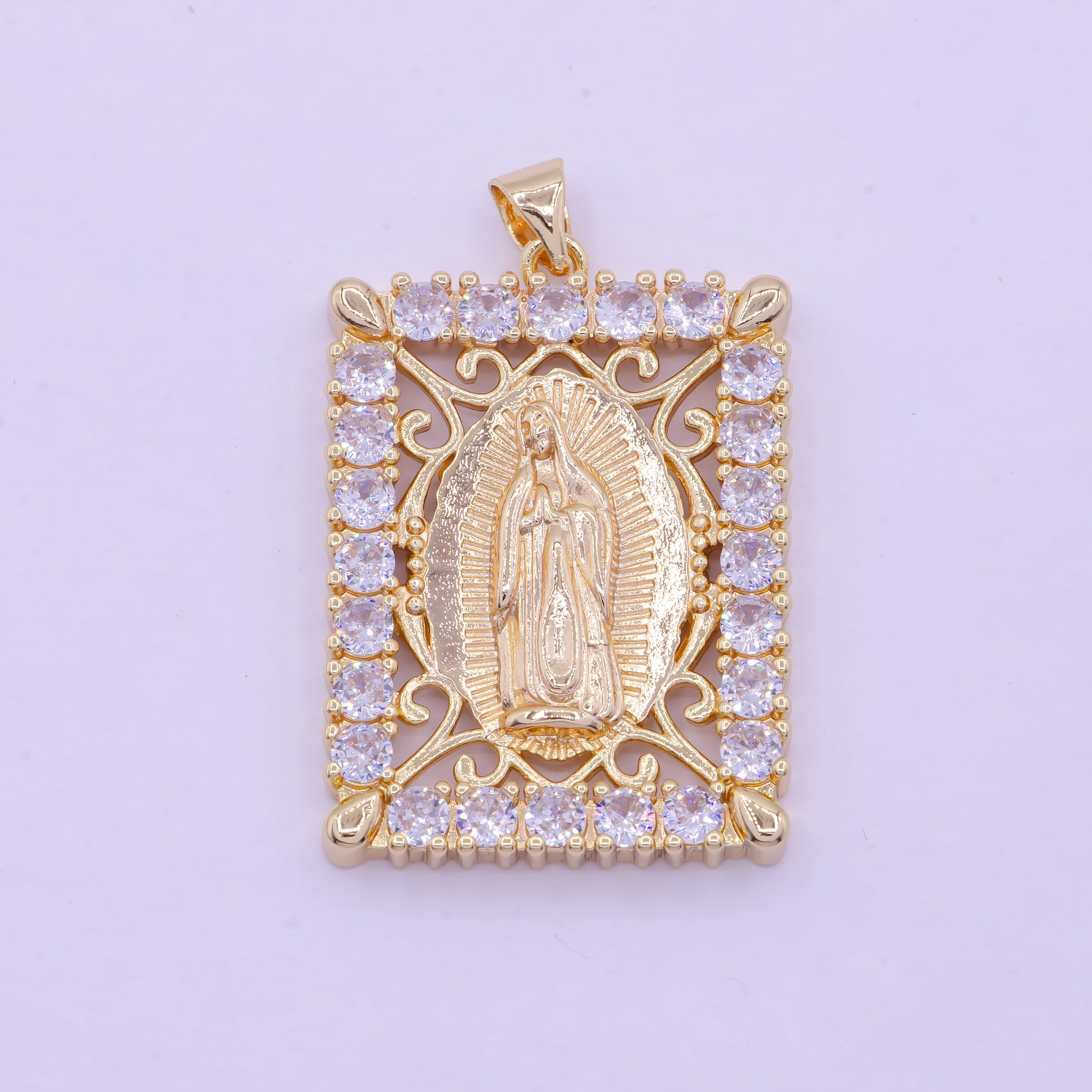 Gold CZ Virgin Mary Rectangular Pendant, 16K Gold Filled Clear Micro Paved CZ Our Lady of Guadalupe Charm | X-461