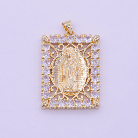 Gold CZ Virgin Mary Rectangular Pendant, 16K Gold Filled Clear Micro Paved CZ Our Lady of Guadalupe Charm | X-461