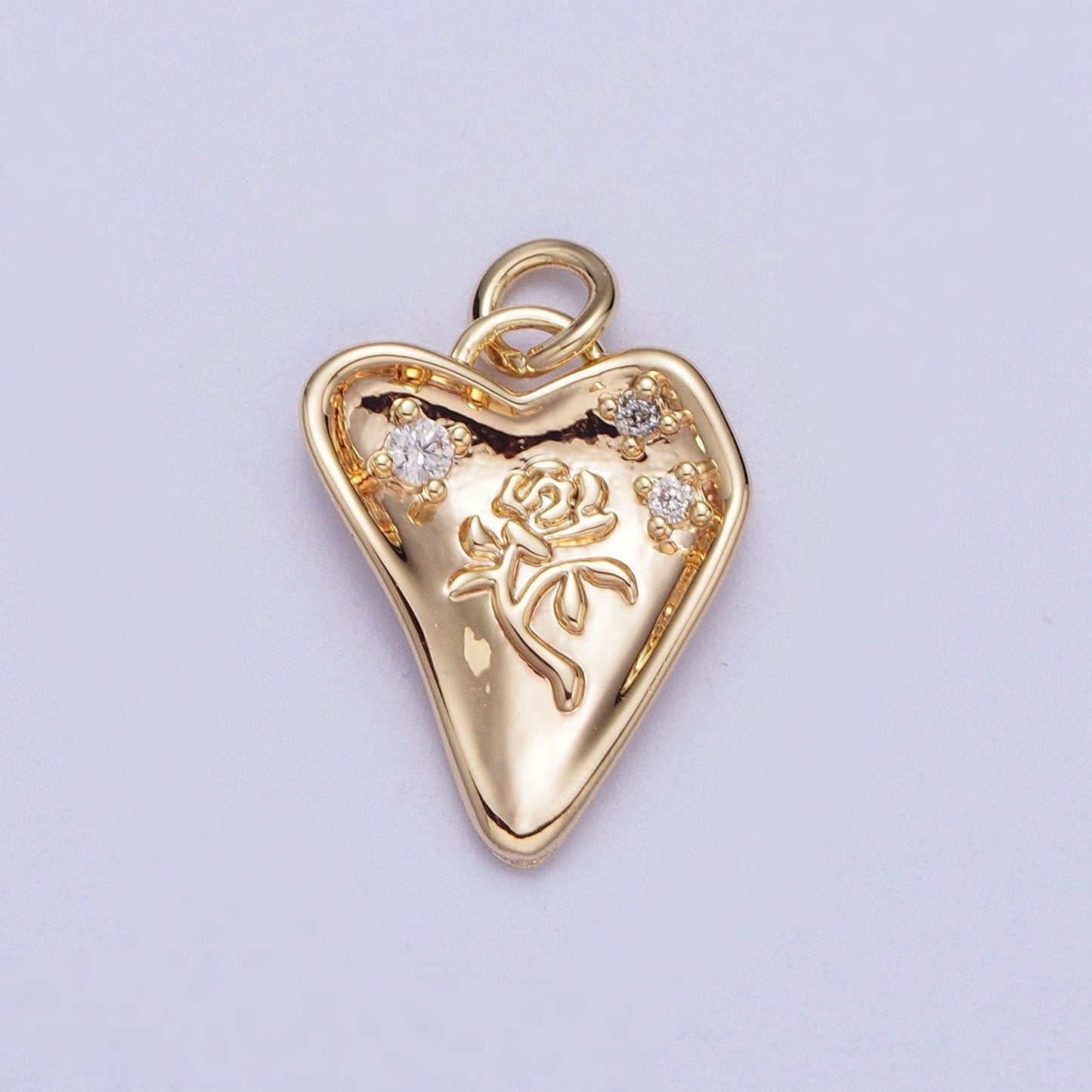 Gold CZ Embossed Rose on Heart Pendant, 16K Gold Filled Clear Micro Paved CZ Hammered Abstract Love Heart w. Embossed Rose Charm | Y-454