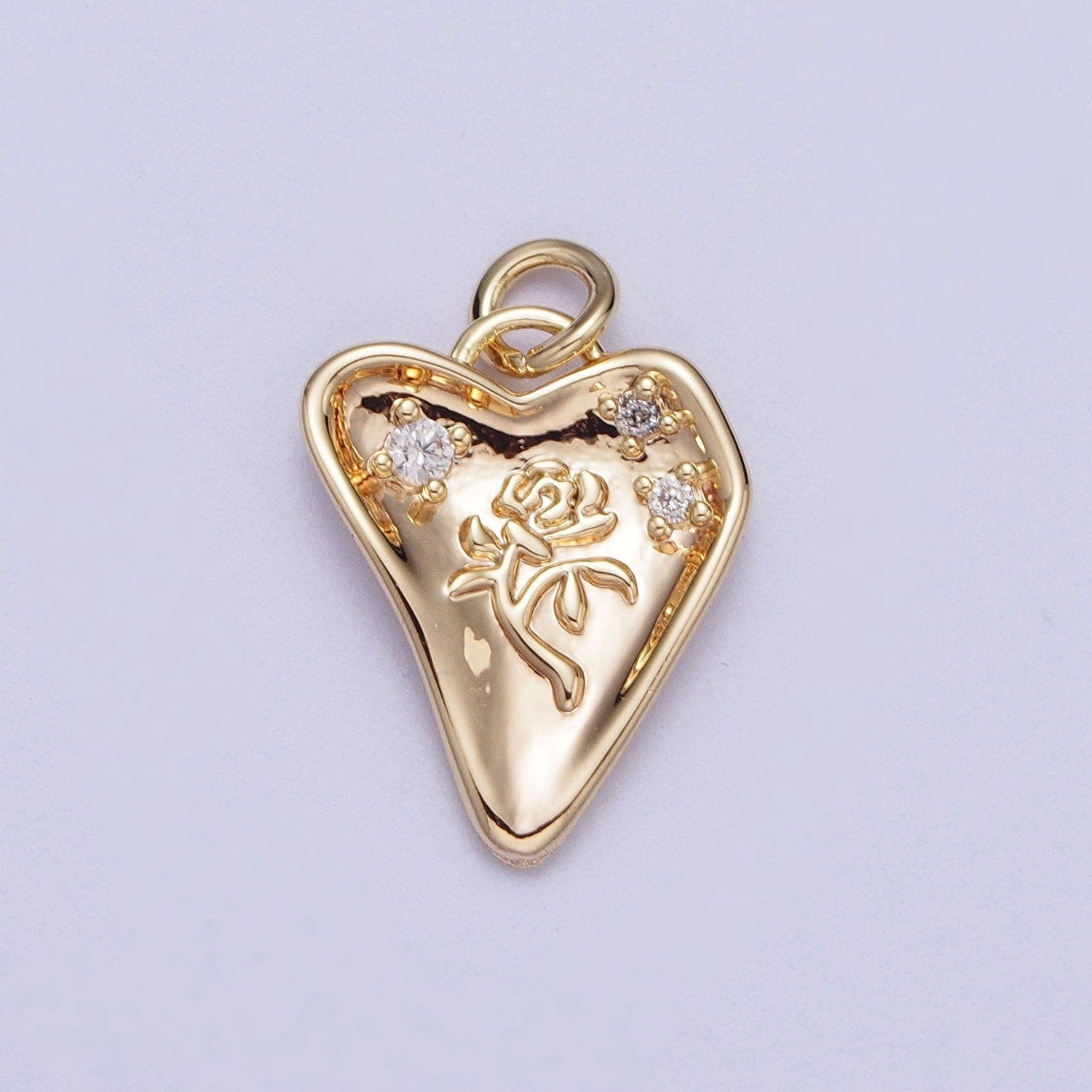 Gold CZ Embossed Rose on Heart Pendant, 16K Gold Filled Clear Micro Paved CZ Hammered Abstract Love Heart w. Embossed Rose Charm | Y-454