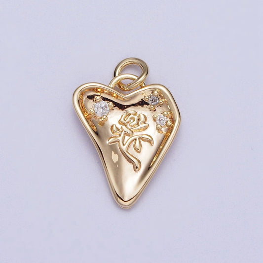 Gold CZ Embossed Rose on Heart Pendant, 16K Gold Filled Clear Micro Paved CZ Hammered Abstract Love Heart w. Embossed Rose Charm | Y-454