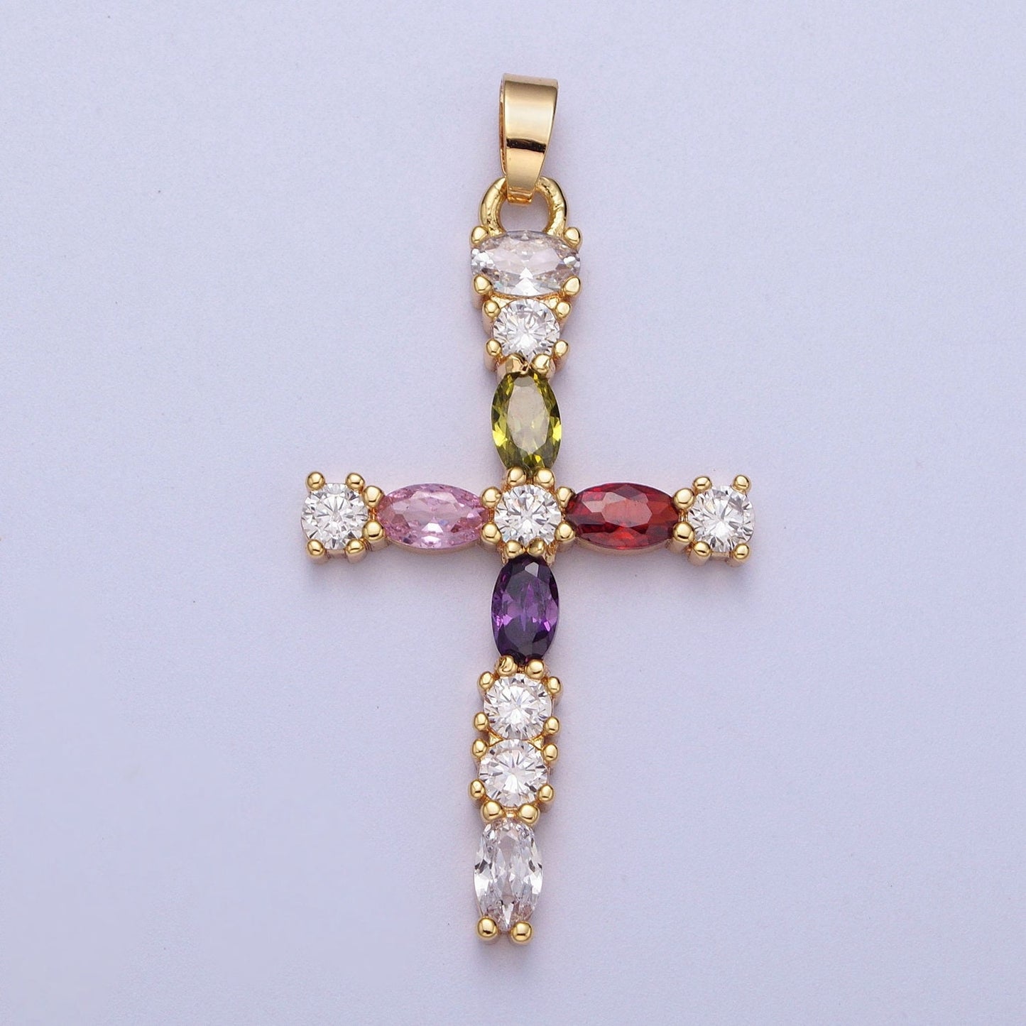 16K Gold Filled Clear Micro Paved Circular CZ w/ Colored Oval CZ Center Religious Cross Pendant | X-692
