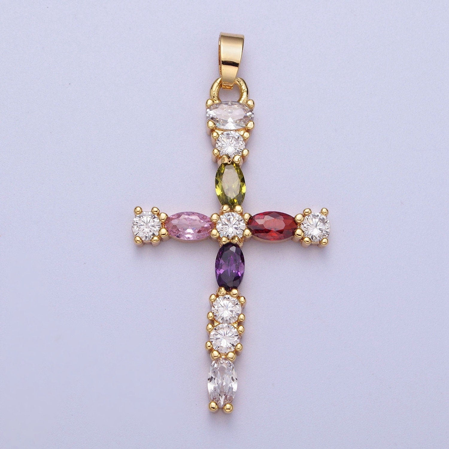 16K Gold Filled Clear Micro Paved Circular CZ w/ Colored Oval CZ Center Religious Cross Pendant | X-692