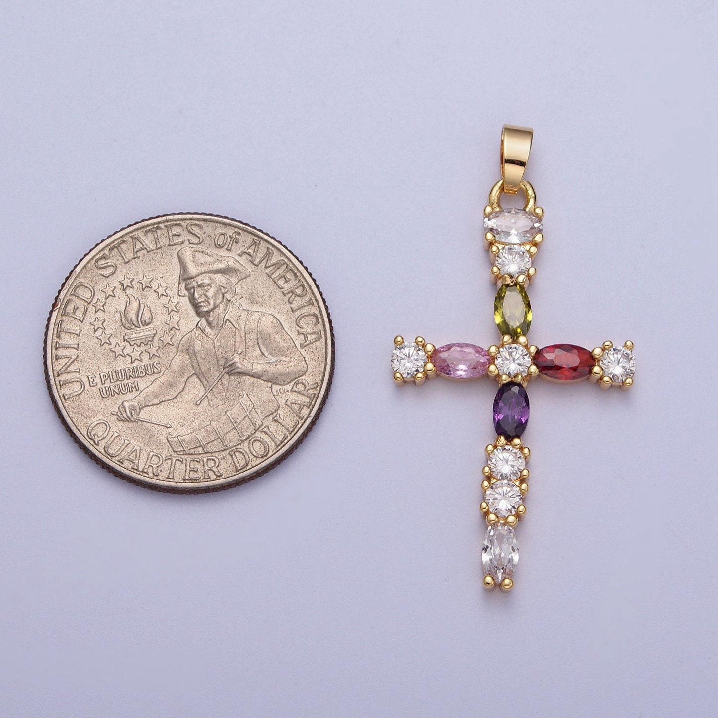 16K Gold Filled Clear Micro Paved Circular CZ w/ Colored Oval CZ Center Religious Cross Pendant | X-692