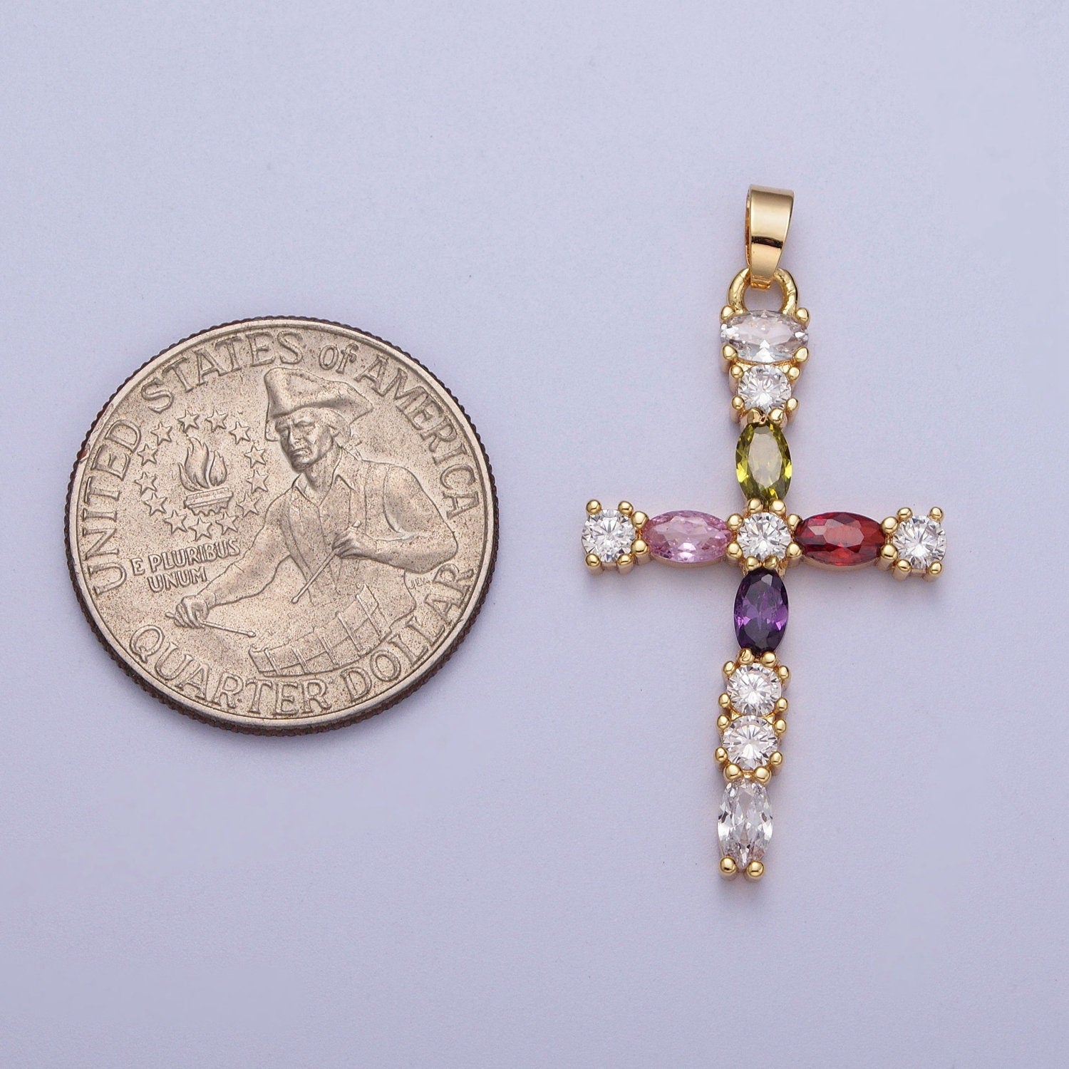 16K Gold Filled Clear Micro Paved Circular CZ w/ Colored Oval CZ Center Religious Cross Pendant | X-692