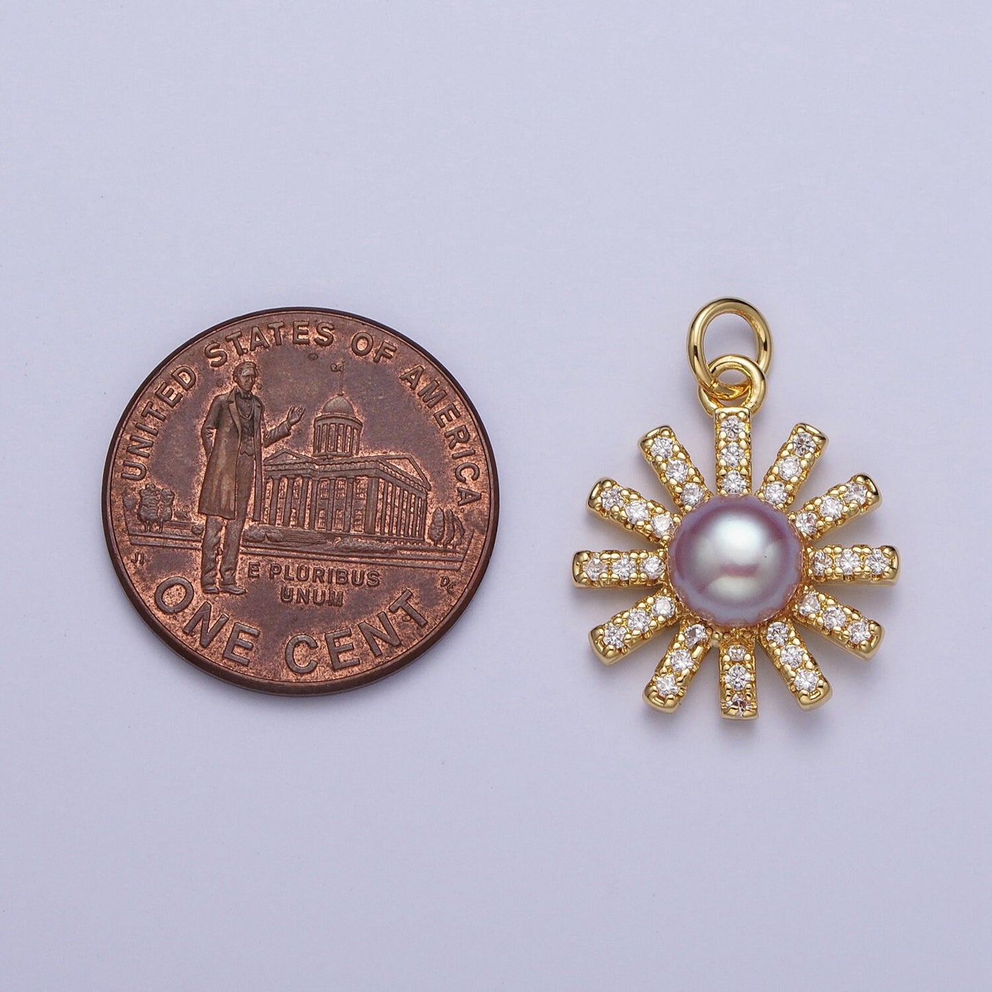 Gold CZ Pearl Flower Pendant, 24K Gold Plated Purple/White Mother of Pearl Micro Paved Clear CZ Sun Summer Spring Flower Charm | N-645
