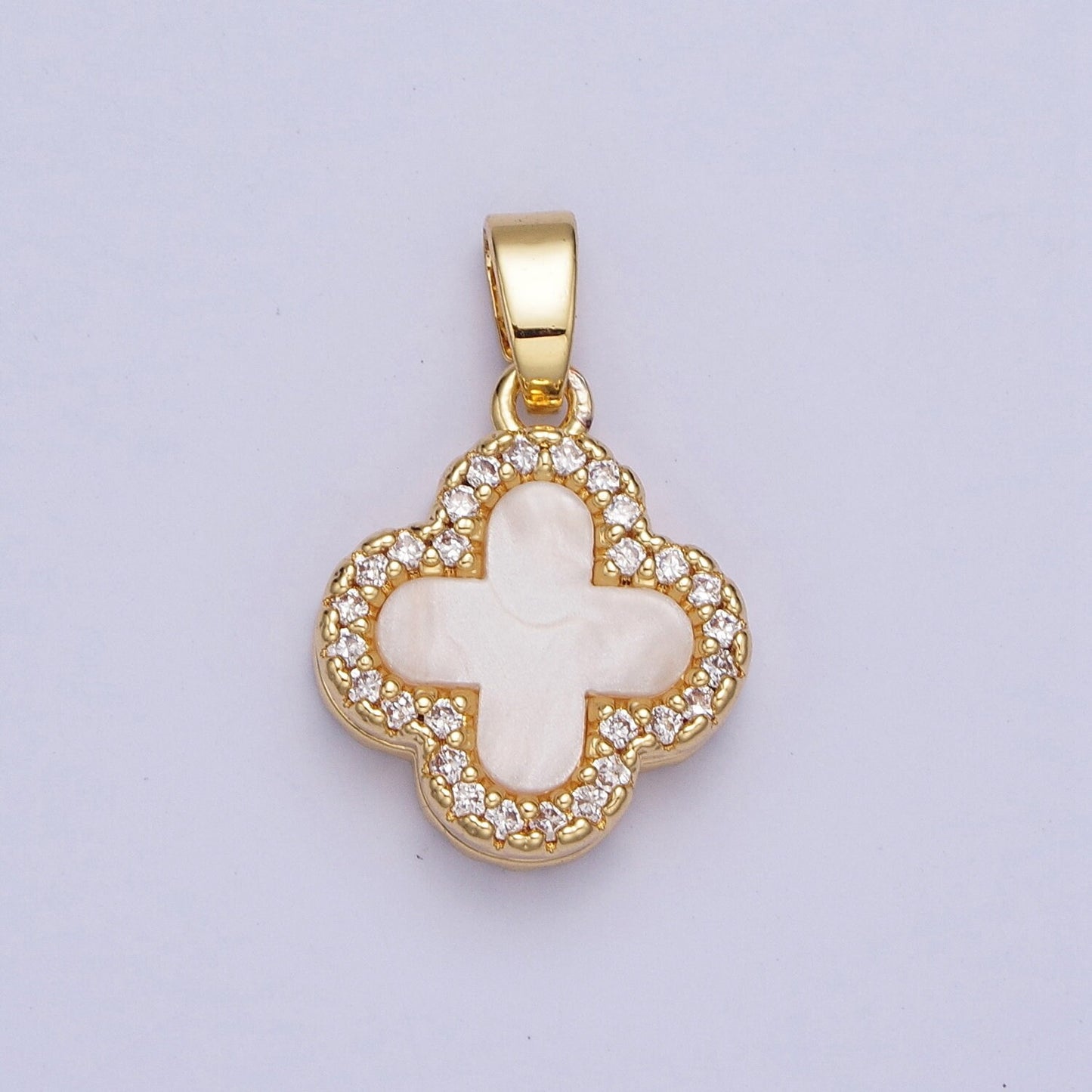 Double Sided CZ Black and White Quatrefoil Lucky Four-Leaf Clover Pendant, 24K Gold Plated Micro Paved Cubic Zirconia B&W Charm | X-521