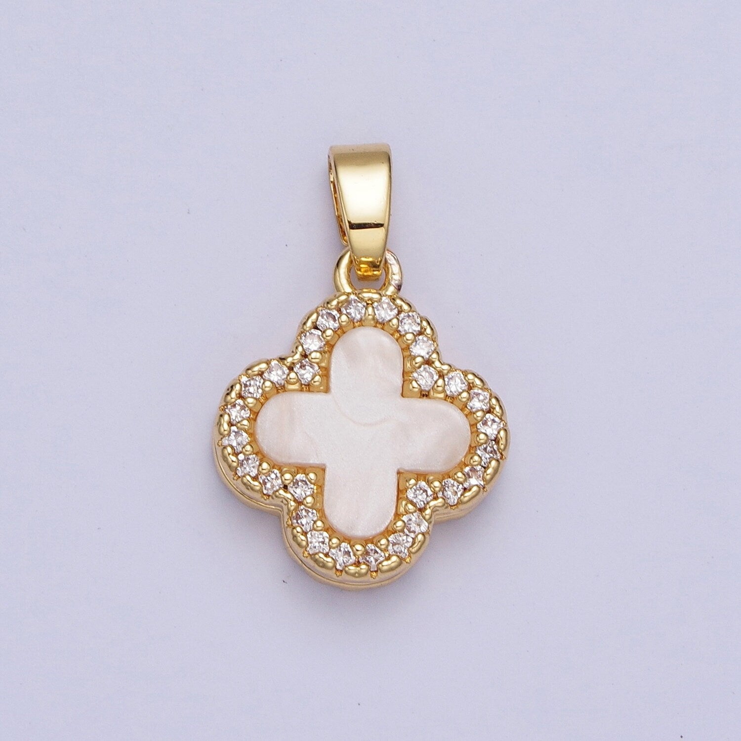 Double Sided CZ Black and White Quatrefoil Lucky Four-Leaf Clover Pendant, 24K Gold Plated Micro Paved Cubic Zirconia B&W Charm | X-521
