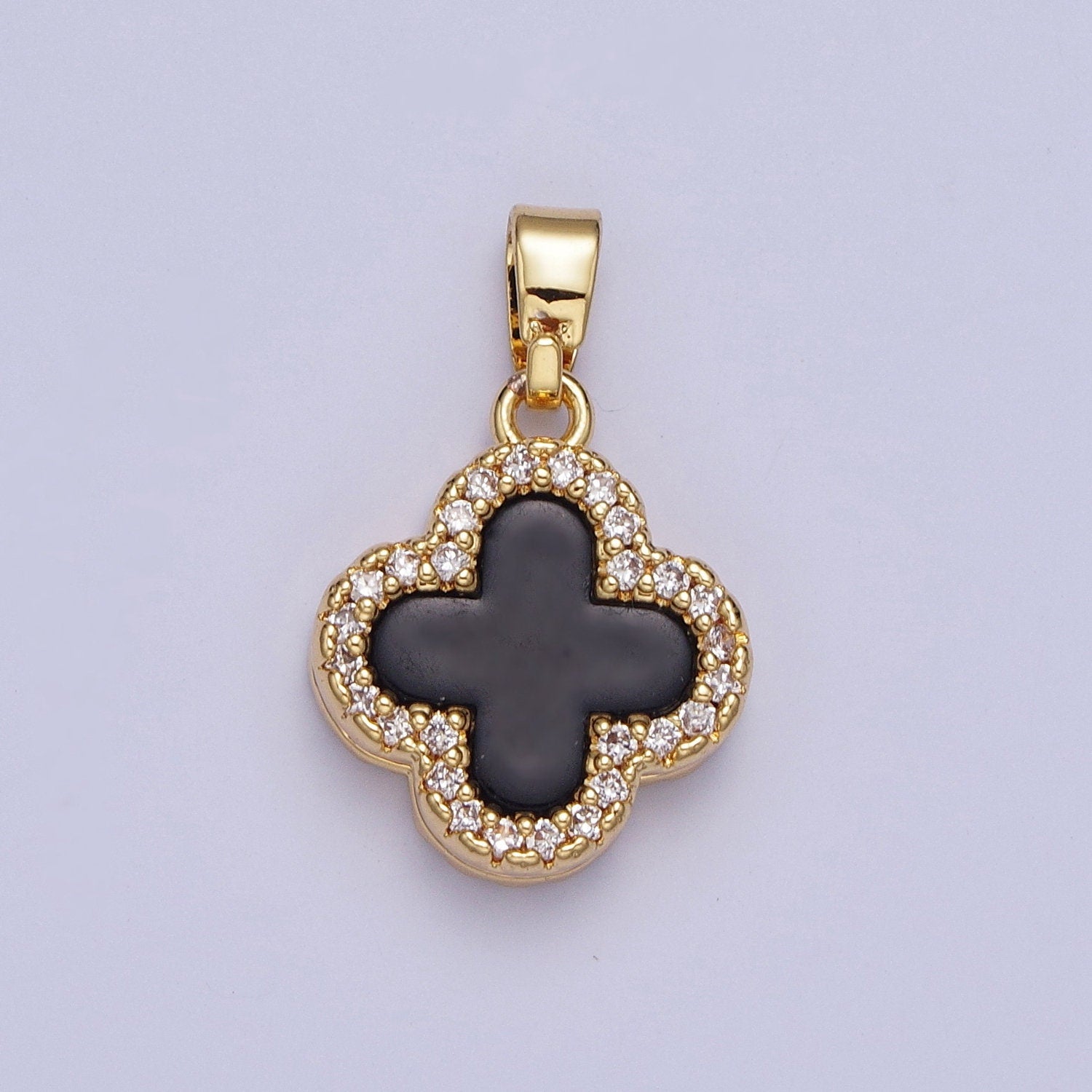 Double Sided CZ Black and White Quatrefoil Lucky Four-Leaf Clover Pendant, 24K Gold Plated Micro Paved Cubic Zirconia B&W Charm | X-521