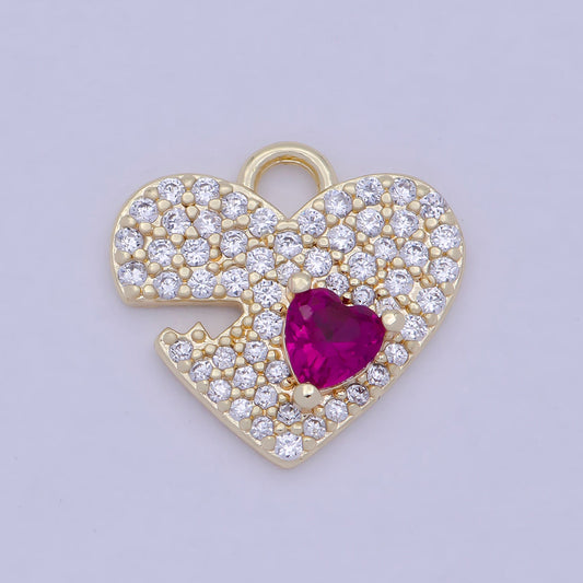 Gold CZ Heart Pendant, 14K Gold Filled Micro Paved Clear CZ Magenta Center Love Heart w/ Key Ridges Outline Charm | E-778