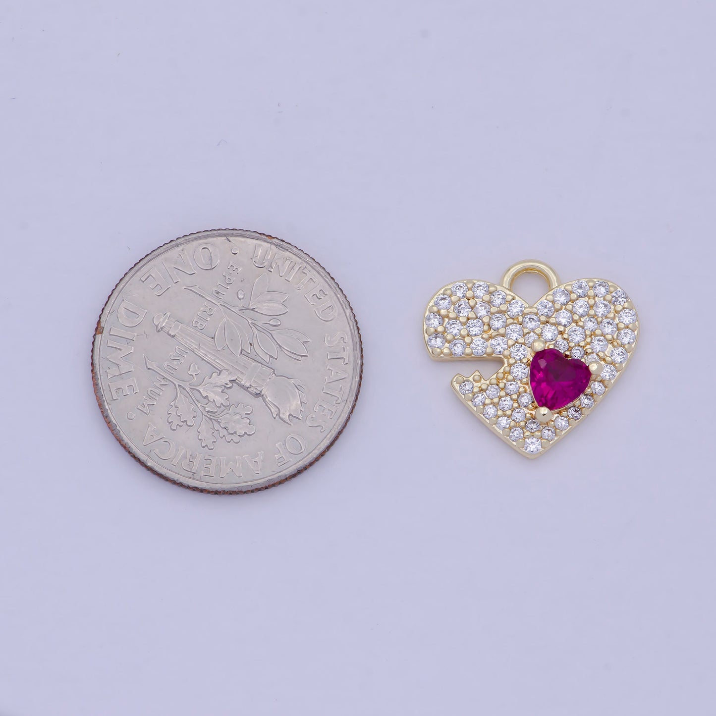 Gold CZ Heart Pendant, 14K Gold Filled Micro Paved Clear CZ Magenta Center Love Heart w/ Key Ridges Outline Charm | E-778