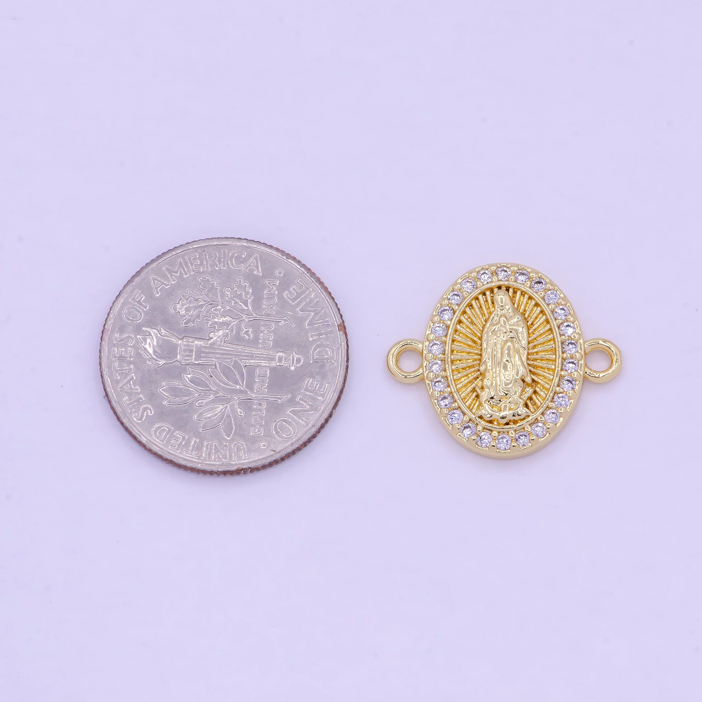 Gold Our Lady of Guadalupe Charm Connector, 24K Gold Plated Clear Micro Paved CZ Virgin Mary Religious Medallion Link Connector | G-470