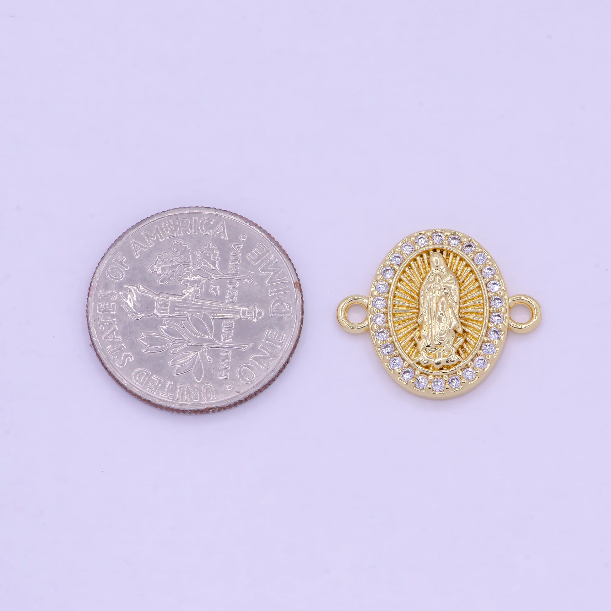Gold Our Lady of Guadalupe Charm Connector, 24K Gold Plated Clear Micro Paved CZ Virgin Mary Religious Medallion Link Connector | G-470