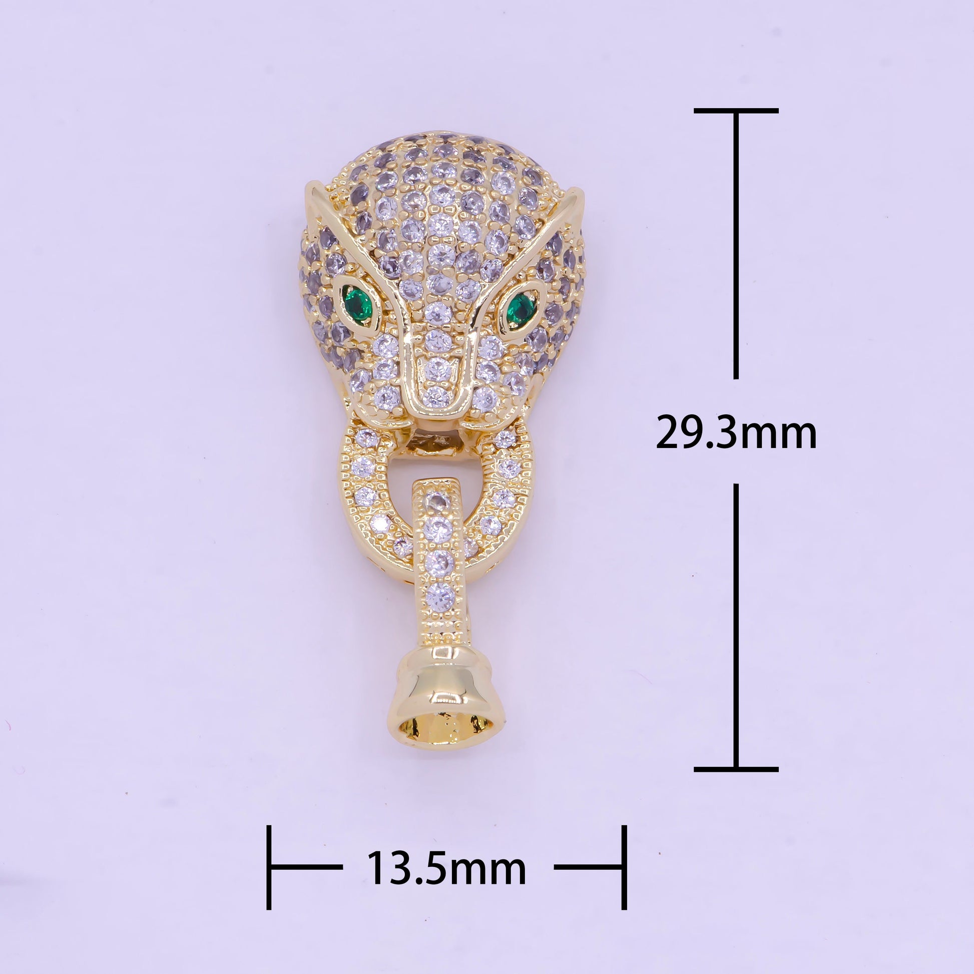 Gold CZ Panther Head Buckle Emerald Green Micro Paved CZ Eyed Leopard Interlocking 14K Gold Filled Clasp for Jewelry Making | L-848