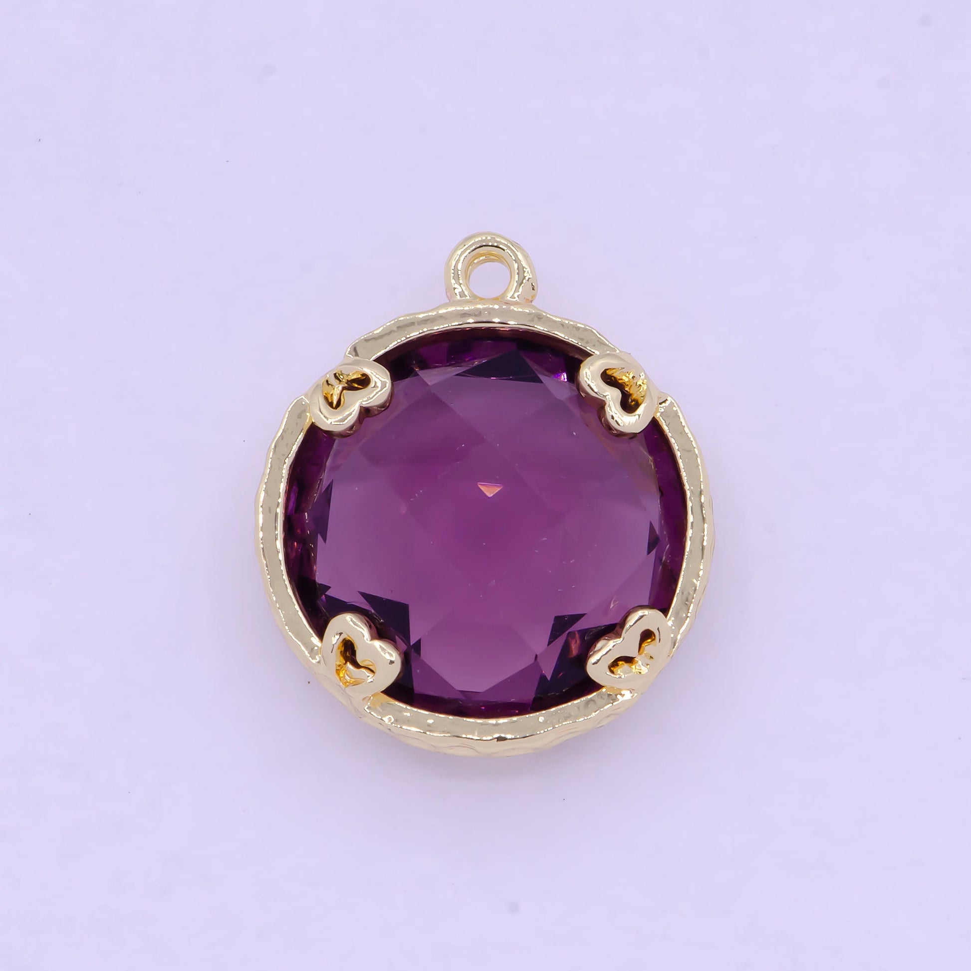 Gold Floral Outline with Deep Royal Purple CZ Pendant, 14K Gold Plated Dark Purple Flower Florette Outline Round Circle Charm | AG-079