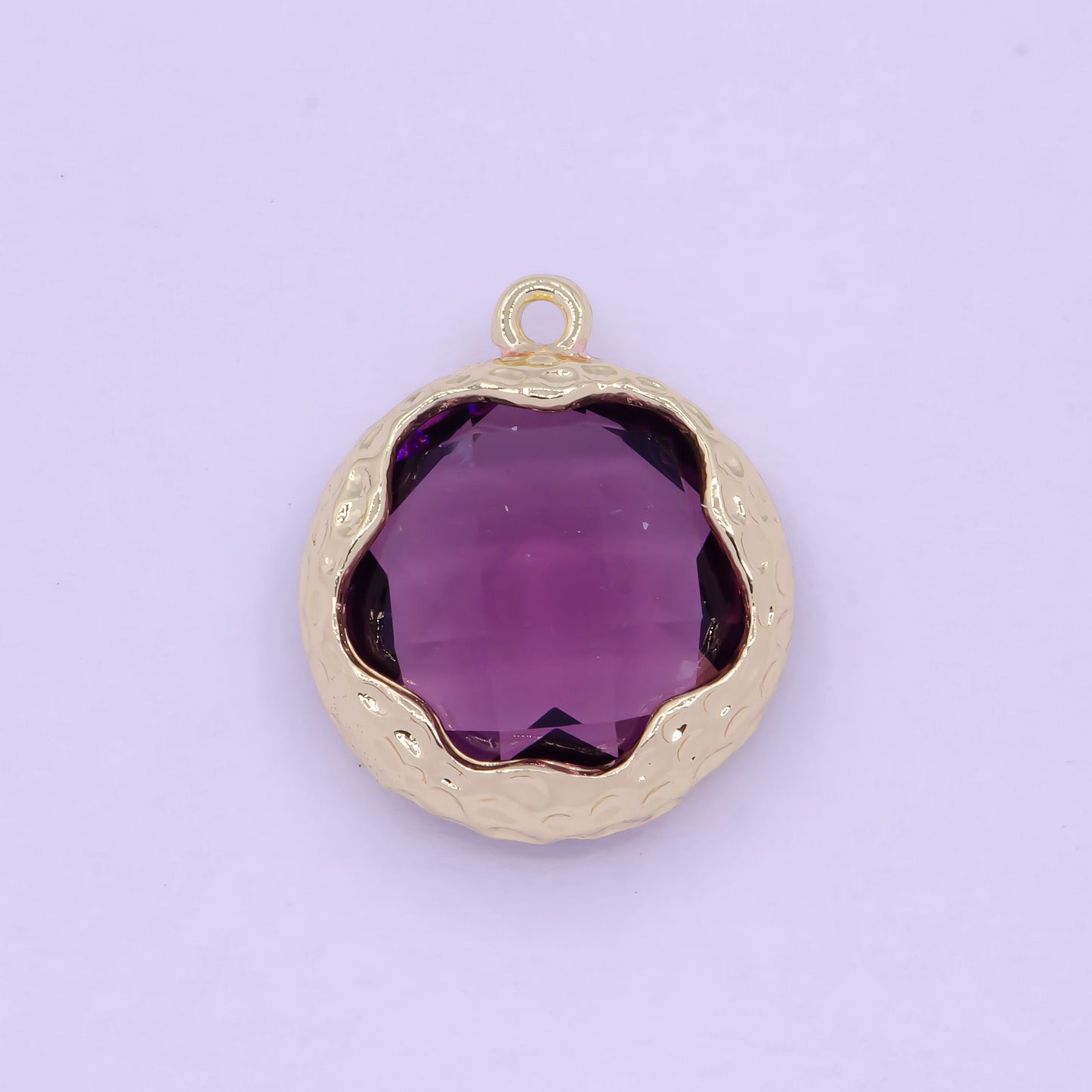 Gold Floral Outline with Deep Royal Purple CZ Pendant, 14K Gold Plated Dark Purple Flower Florette Outline Round Circle Charm | AG-079