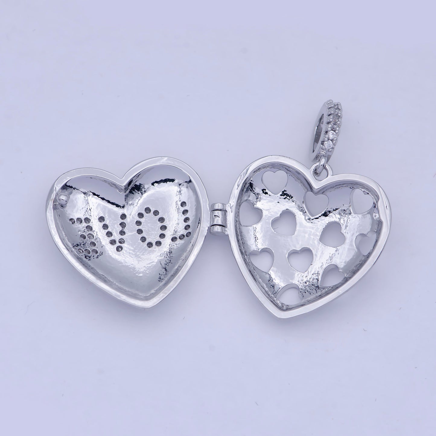 Silver Love Heart Locket Pendant, White Gold Filled Hearts Stamped Micro Paved Clear CZ LOVE Lettering Openable Locket Charm | X-466