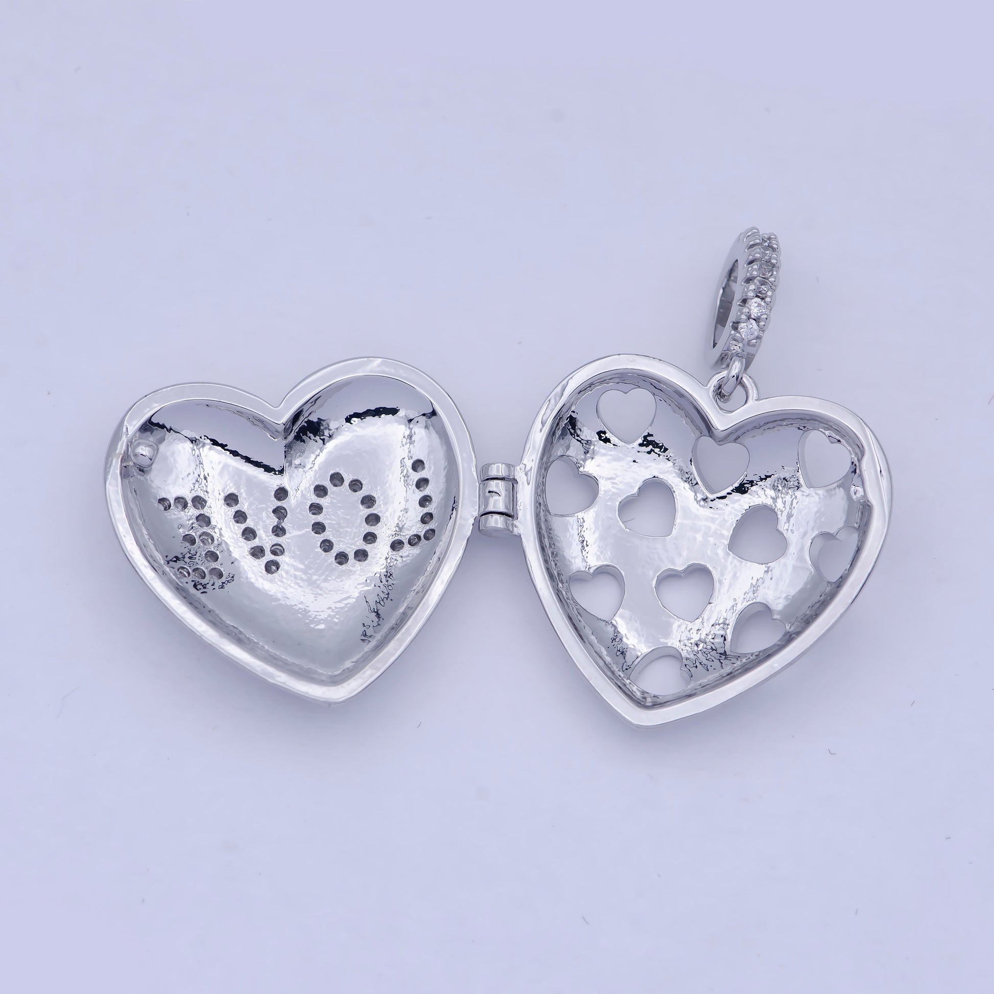 Silver Love Heart Locket Pendant, White Gold Filled Hearts Stamped Micro Paved Clear CZ LOVE Lettering Openable Locket Charm | X-466