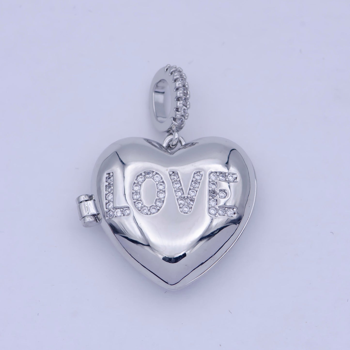 Silver Love Heart Locket Pendant, White Gold Filled Hearts Stamped Micro Paved Clear CZ LOVE Lettering Openable Locket Charm | X-466