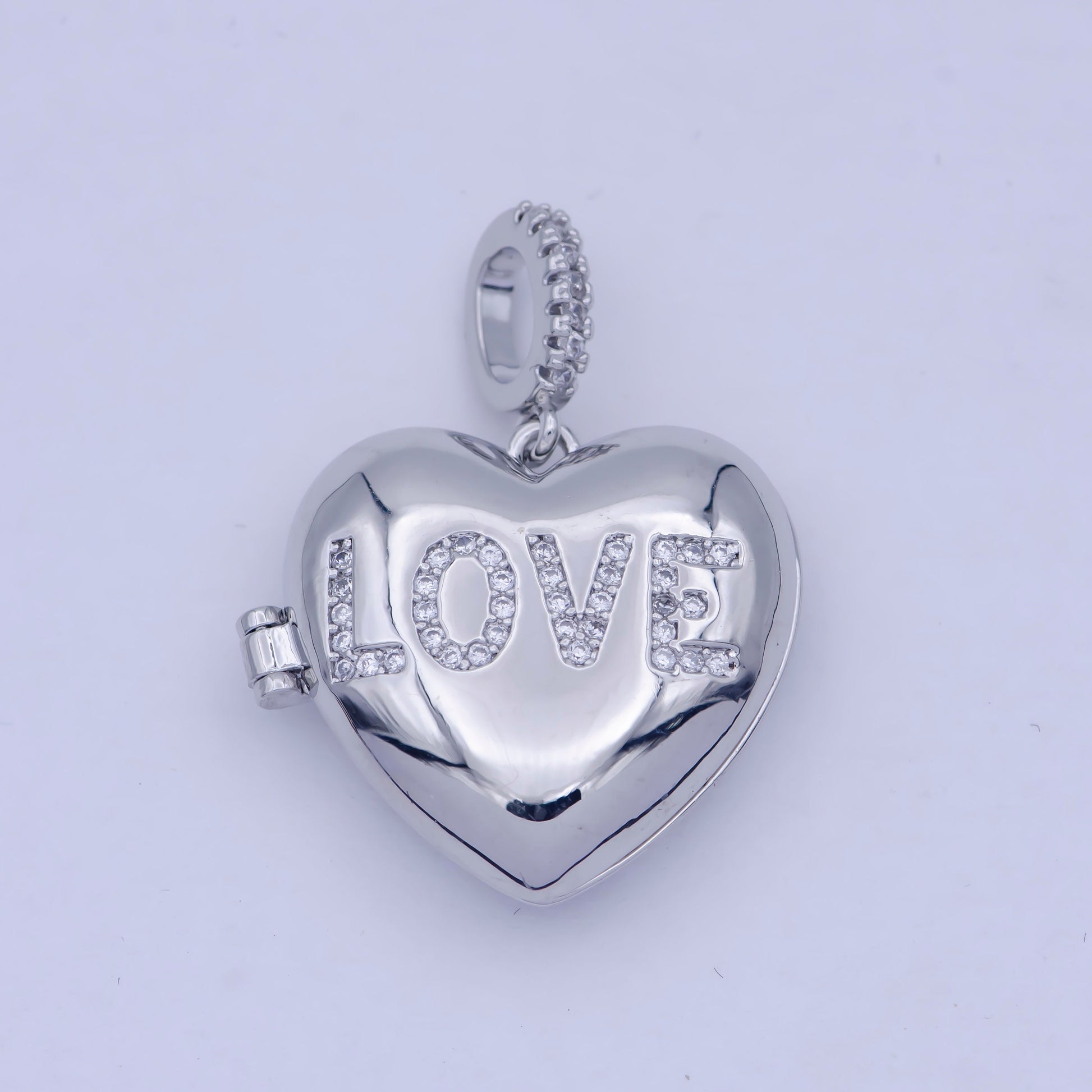 Silver Love Heart Locket Pendant, White Gold Filled Hearts Stamped Micro Paved Clear CZ LOVE Lettering Openable Locket Charm | X-466