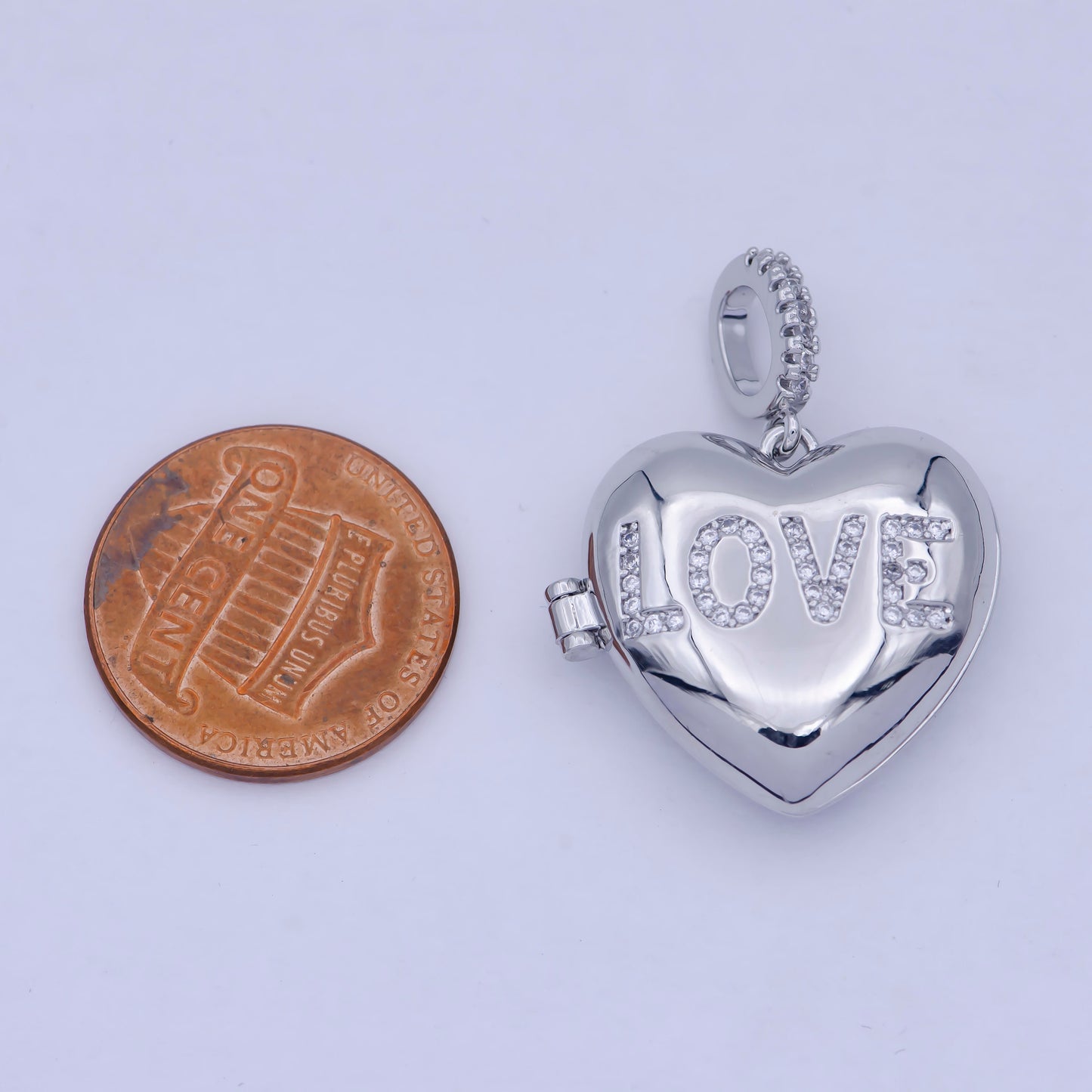 Silver Love Heart Locket Pendant, White Gold Filled Hearts Stamped Micro Paved Clear CZ LOVE Lettering Openable Locket Charm | X-466