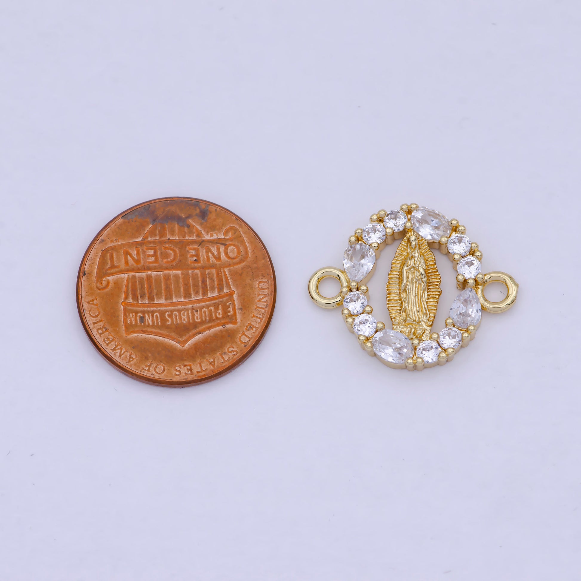 Gold Virgin Mary Charm Connector w. Floral Decorative Edge, 24K Gold Filled Clear Micro Paved CZ Religious Medallion Link Connector | G-910