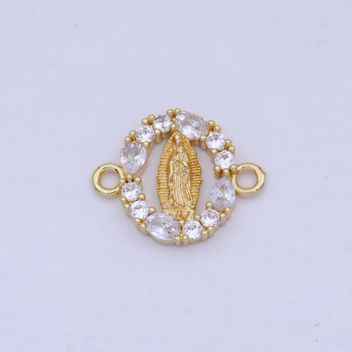 Gold Virgin Mary Charm Connector w. Floral Decorative Edge, 24K Gold Filled Clear Micro Paved CZ Religious Medallion Link Connector | G-910