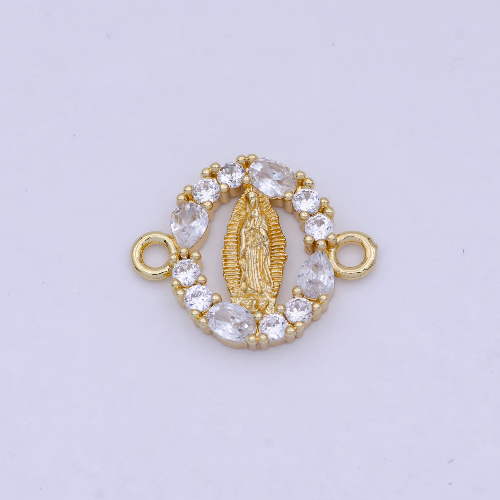 Gold Virgin Mary Charm Connector w. Floral Decorative Edge, 24K Gold Filled Clear Micro Paved CZ Religious Medallion Link Connector | G-910