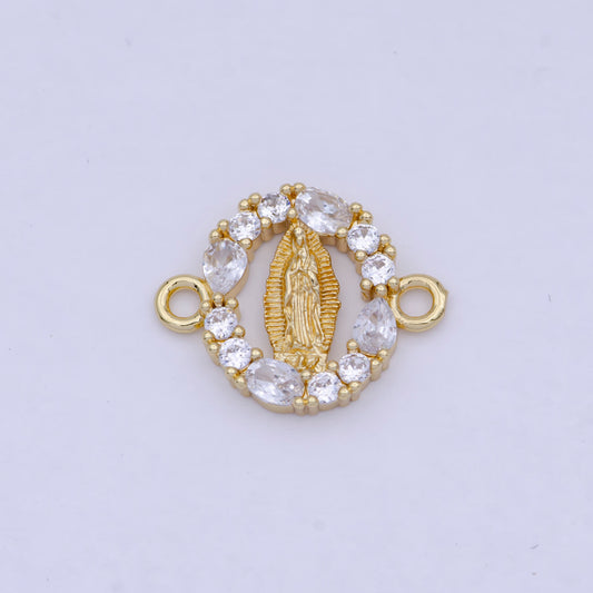 Gold Virgin Mary Charm Connector w. Floral Decorative Edge, 24K Gold Filled Clear Micro Paved CZ Religious Medallion Link Connector | G-910