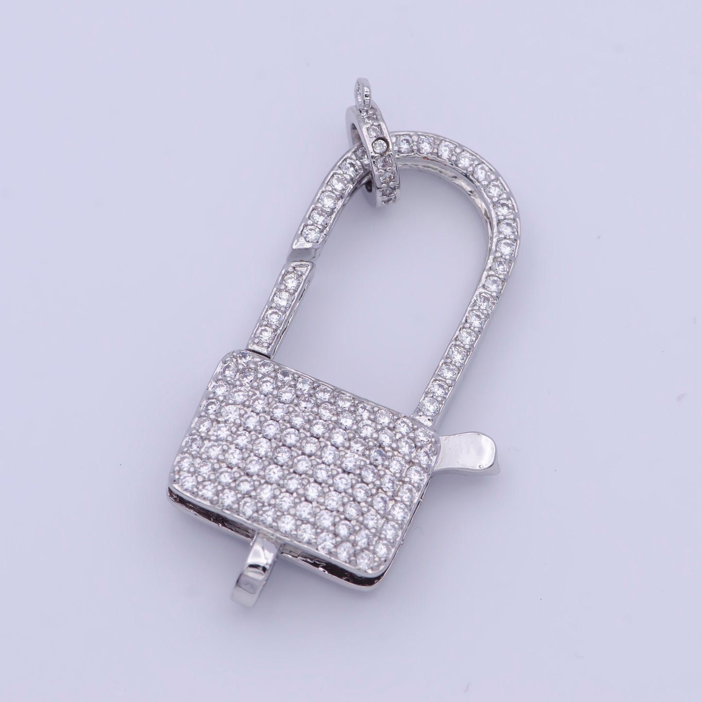 Silver CZ Padlock Clasp, 2 Sizes White Gold Filled Clear Micro Pave CZ Pad Lock Spring Push Gate Clasp for Jewelry Components | L-910, L-911