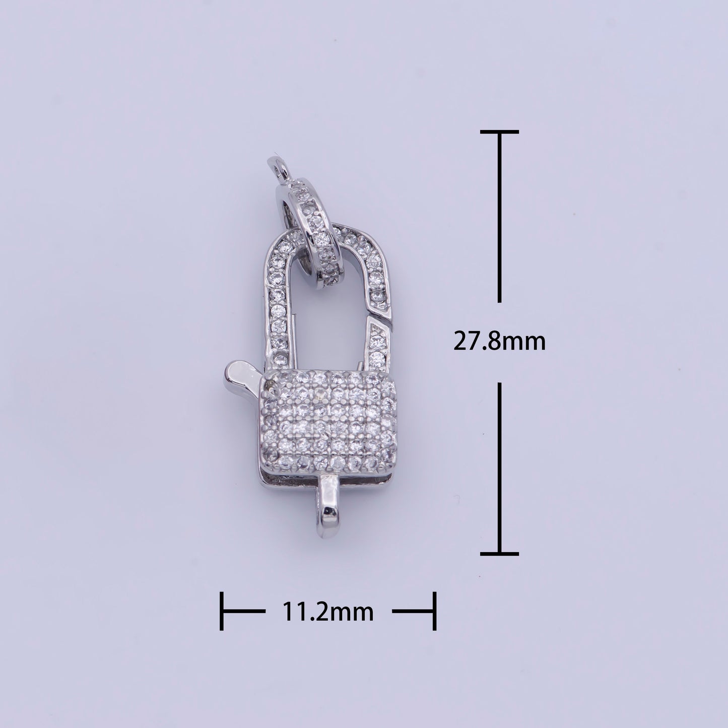 Silver CZ Padlock Clasp, 2 Sizes White Gold Filled Clear Micro Pave CZ Pad Lock Spring Push Gate Clasp for Jewelry Components | L-910, L-911