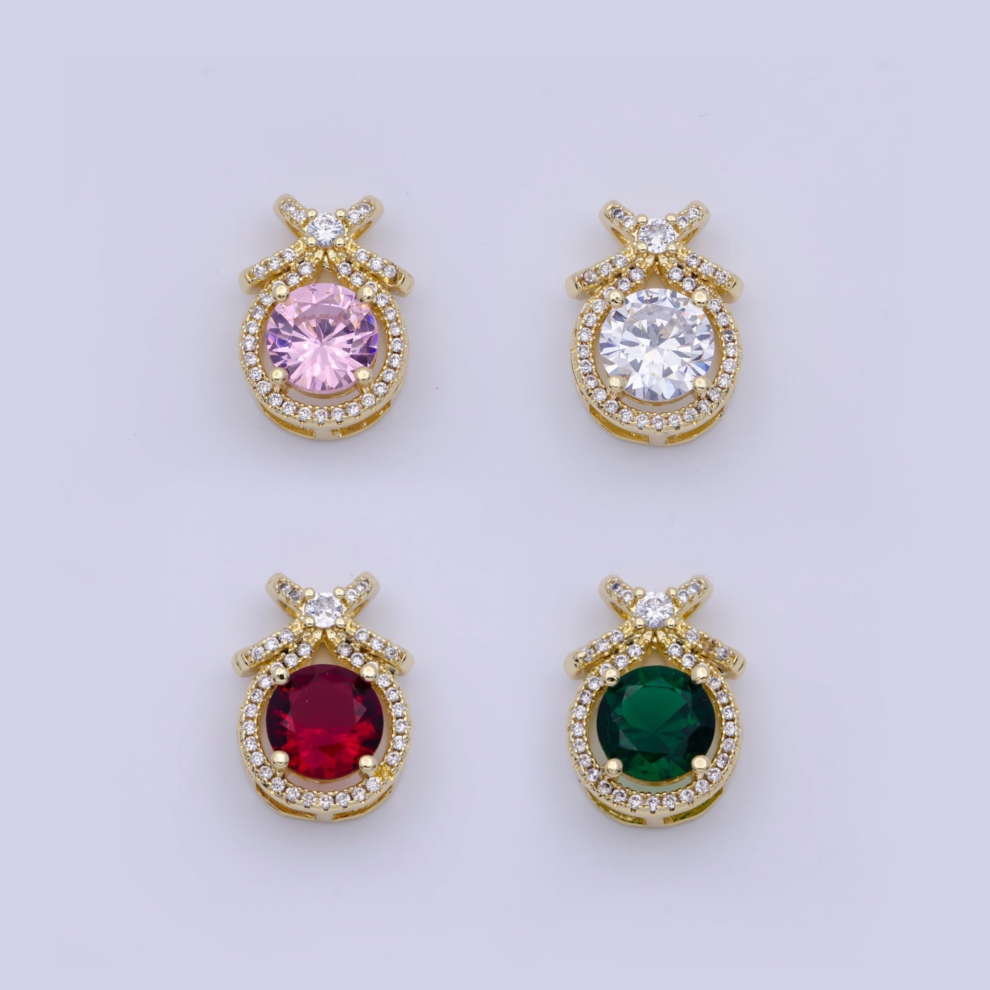 Round Gold Multicolor CZ Stone Pendant w. Bow on Top, 24K Gold Plated Diamond CZ Crystals Ribbon Charm | X-490~X-493